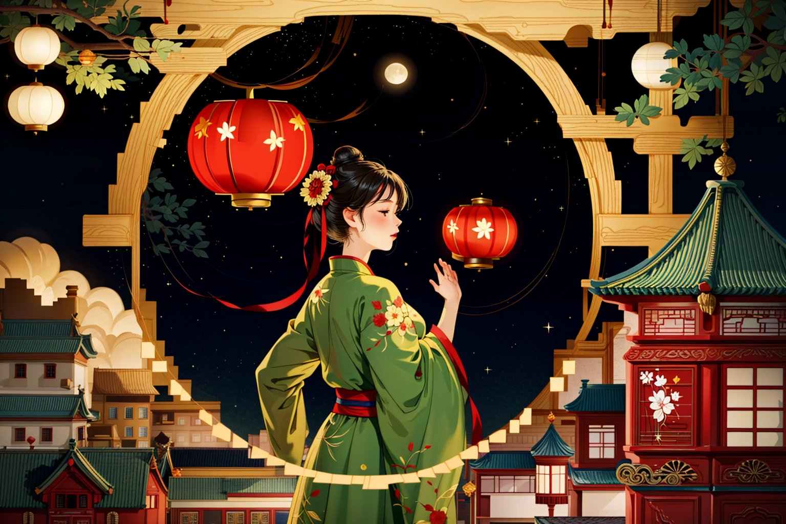 (Best quality, masterpiece, detailed details), Chinese illustration, Chinese traditional festivals, Mid-Autumn Festival, full moon background, many people, detailed details, emotional expressions, a family dinner, the moon, Chinese lanterns, a table of delicious food, Mid-Autumn Festival Festival, traditional culture, there are many people of different styles in the scene, some closer to the front, some closer to the back, full of hidden details, epic scenes, crazy photography 16K resolution,Meimei,1girl,isaku