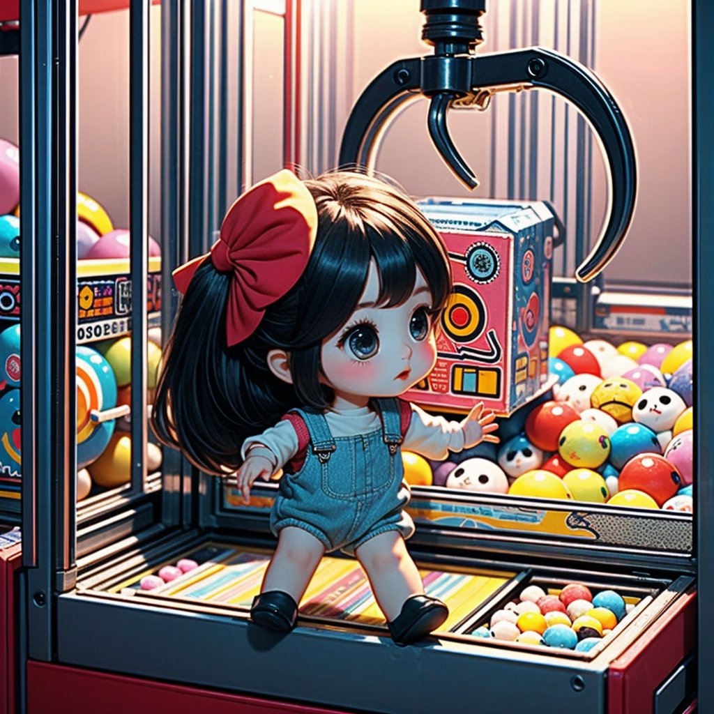 1girl, best quality, ultra-detailed, (((masterpiece))), (((best quality))), extremely detailed, ((claw machine)), ((claw is clamping a doll box up)), hand on bottom panel, control joystick and press button with hand, cleavage, big tits, ribbon, beige lace overalls, black updo longhair, shy, blush, petite figure proportion, claw machine, Glittering, cute and adorable, (perfect lighting, perfect shadow), dreamlike scenery,Realism, blending colors,vibrant hues, amazing photo, wearing dress pretty bow, Chibi, 
