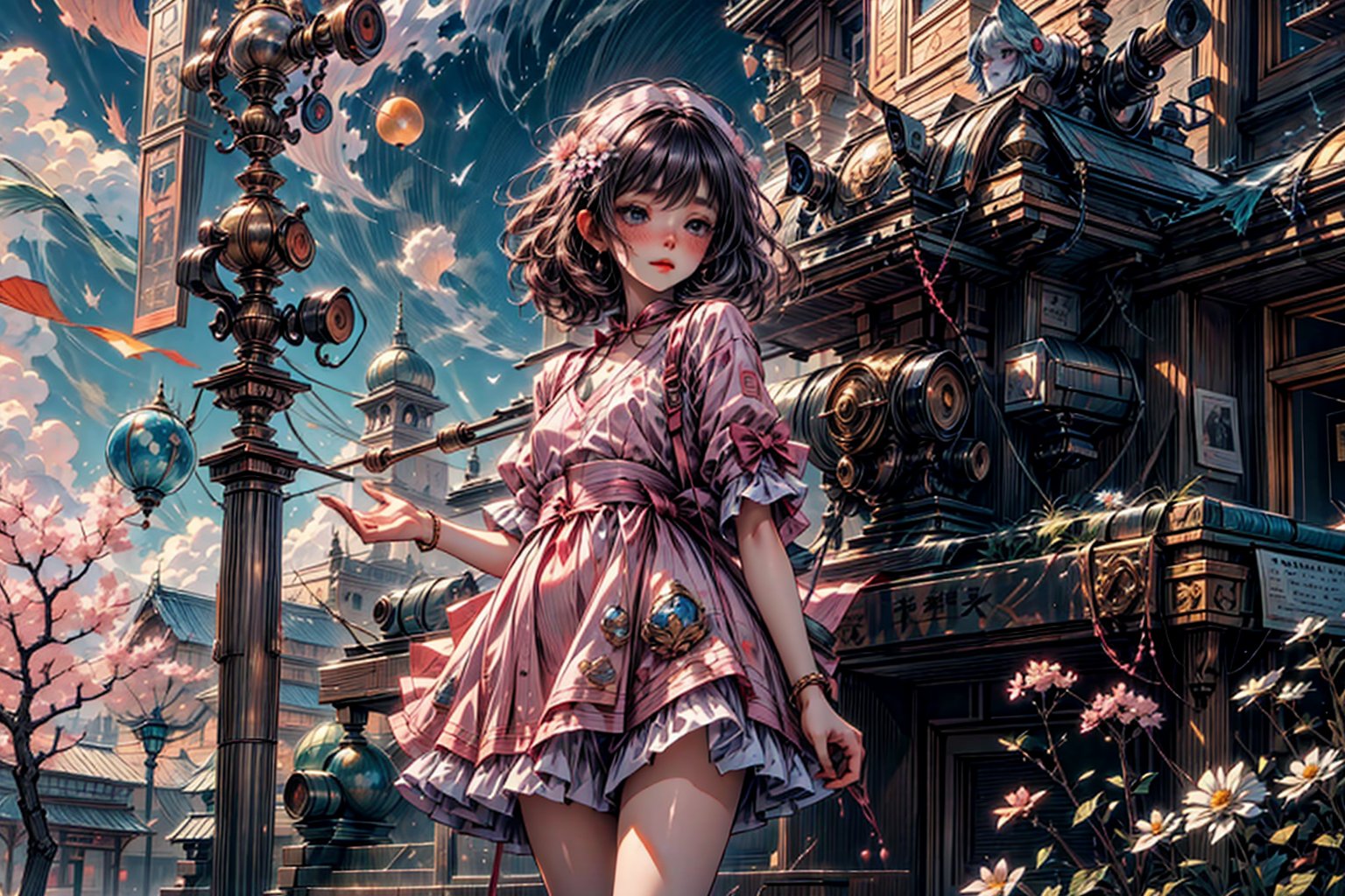 a noble little girl wearing a pink dress and a daisy tiptoes towards a boy with curly hair, reaching out a delicate rose in a thornless stem, standing on cobblestone pavement, under a cloudless sky, with a row of blooming cherry blossom trees in the background, captured with a Canon EOS 5D Mark IV camera, 50mm lens, medium shot focusing on the girl’s tender gesture, in a style reminiscent of a romantic oil painting by Thomas Kinkade,1girl