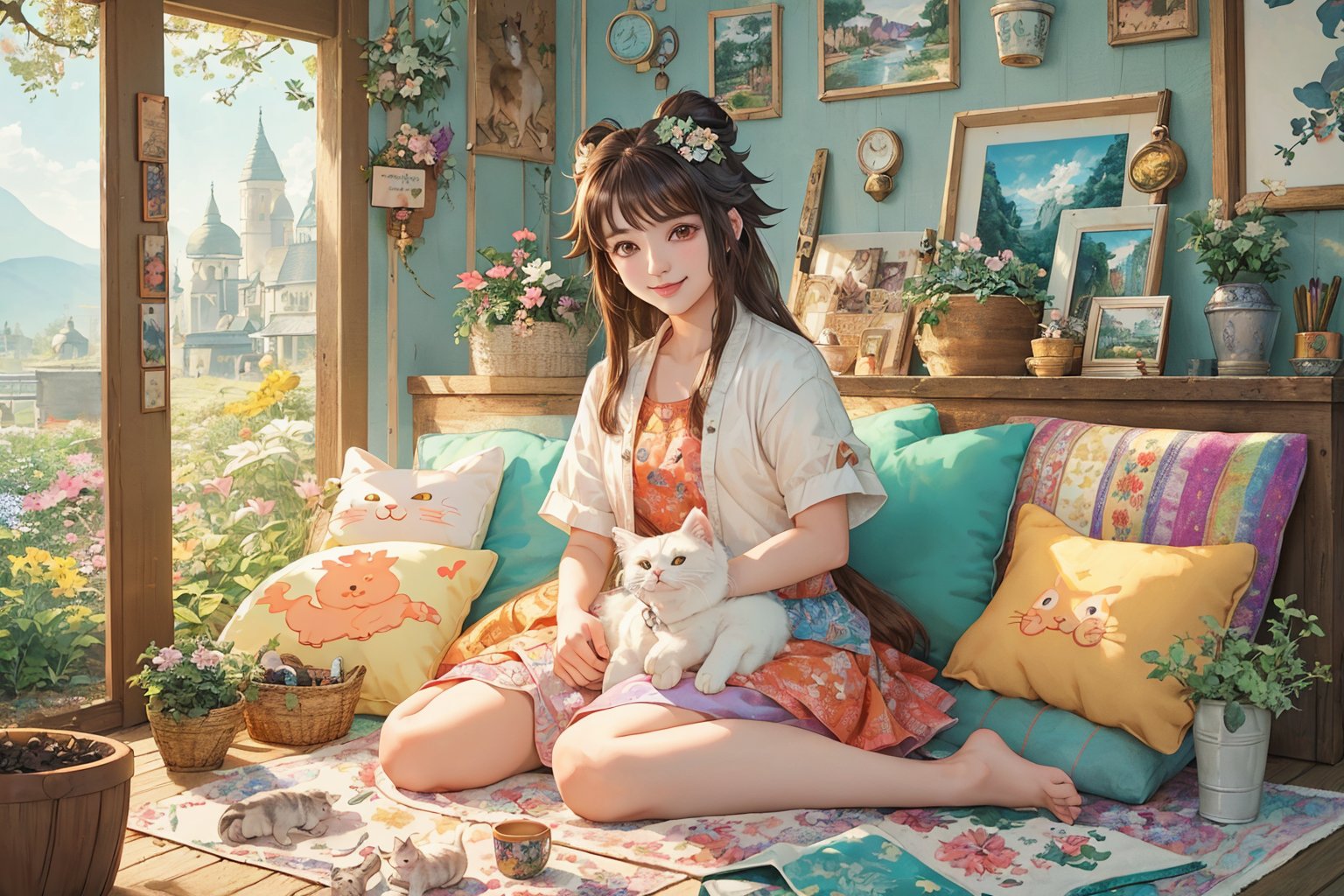 (best quality, ultra-detailed, cute animals,vivid colors,soft lighting,digital illustration,fluffy fur,playful expressions,adorable poses,dreamy atmosphere, colorful surroundings), (art by Makoto :1.5), digital art, child, cute cat, 16K, cool wallpaper, bun hair, things, jasmine, pillows, clutter, toy, basket, long hair, wood, pot, can copper, garden yard, circle face, smile, sharp focus, HDR, Add more details