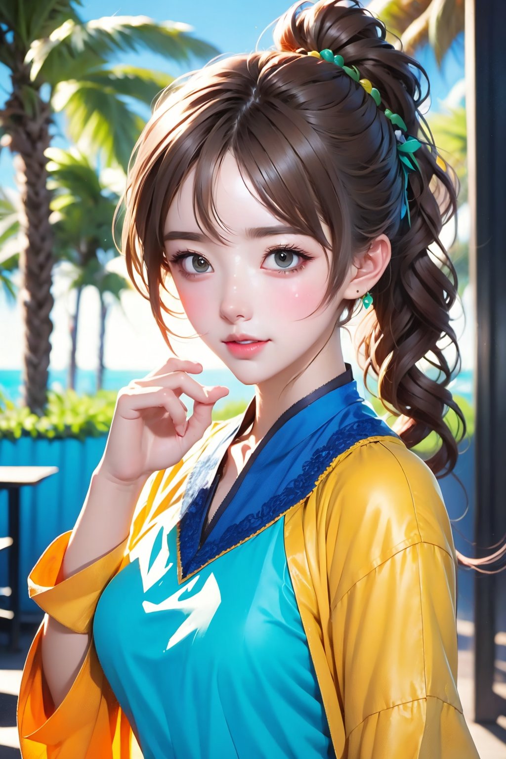 kawaii, (Realistic: 1.2), (illustration: 1.2), (in cafe:1.5), full body, (masterpiece:1.4), (best quality:1.1), high resolution illustration, coloful, intricate details, cinematic light, depth of field, (finely detailed face), (beautiful face:1.3), (extra wide shot:1.3), (white blouse:1.3), ((ultra-detailed hair)), brilliant color, 8K, 16K, UHD, HDR, ultra detailed, perfect light, perfect shadows, David Hockney and Vincent Van Gogh, Blue and orange, Tempera painting, Colorful Shadows, Rounded edges on everything, A view from inside a Florida beach house, ocean, palm trees, moonstone tones, sunset, beautiful ocean, secluded, tropical paradise, correct wave direction toward the beach, cinematic smooth, volumetric lighting, ray tracing, high dynamic range, ultra-realistic, complex detail, atmospheric, maximalist digital matte painting, detailed matte painting, detailed, fantastical, splash screen, complementary colors, fantasy concept art, resolution, centered, divine bright, cinematic smooth, volumetric lighting, creative, surreal hallucinatory intricately detailed sharp focus, professional ominous concept art, an intricate, grunge textures, clean and bold, cinematic composition, golden ratio, pencil and kneaded eraser, sharp focus, ambient occlusion, backface lighting, rim light, pastel colors, sense of depth, trending on zbrush central highly detailed, maximalist digital matte painting, detailed matte painting, fantastical, splash screen, complementary colors, fantasy concept art, centered, symmetry, heavenly sunshine beams, divine bright, sharp focus, wide sleeve,