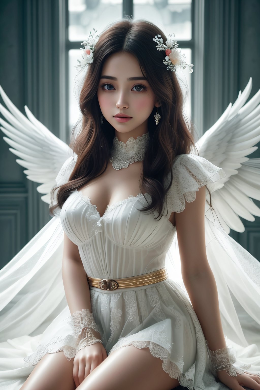 (perfect face), top quality, (official art :1.2), UHD, 16K, 8K, warm glow, (high quality:1.3), (masterpiece, best quality:1.4), ultra-detailed, illustration, (beautiful detailed eyes), beautiful, amazing, (detailed skin), (shiny skin), 1girl,solo,angel girl, tattered church, rubble, scattered glass,white hair, long hair, fluttering hair, halo, ahoge, splendid priestly clothes, big wings, white wings, sit, waliza, hands between legs,looking up , particle , whole body, cowboy shot,moonlight, natural light,{{{{masterpiece}}}}, {{{hyper detailed}}}, {{{highres}}}, {{{8k}}}, {{perfect body}}, {{beautiful detailed eyes}}, {{colorful}}, {{vivid color}},