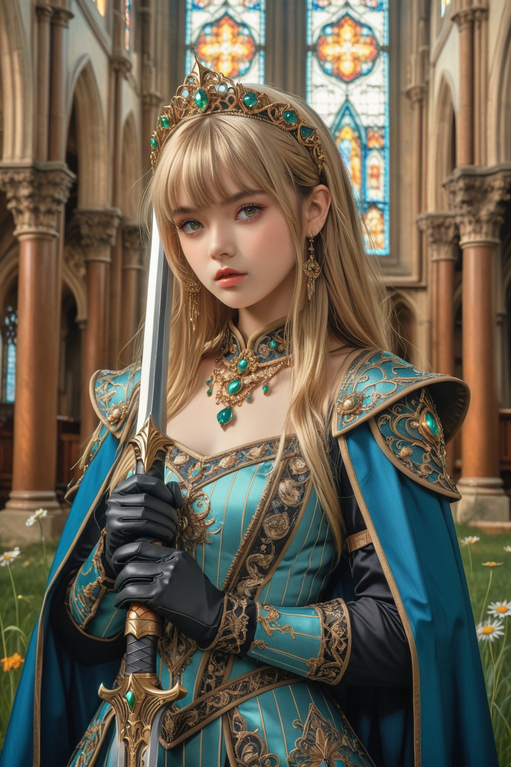 masterpiece, official art, ((ultra detailed)), (ultra quality), high quality, perfect face, 1 girl with long hair, blond-green hair with bangs, bronze eyes, detailed face, wearing a fancy ornate (((folk dress))), shoulder armor, armor, glove, hairband, hair accessories, striped, (holding the great weapon:1.7), jewelery, thighhighs, pauldrons, side slit, capelet, vertical stripes, looking at viewer, fantastical and ethereal scenery, daytime, church, grass, flowers. Intricate details, extremely detailed, incredible details, full colored, complex details, hyper maximalist, detailed decoration, detailed lines, best quality, HDR, dynamic lighting, perfect anatomy, realistic, more detail,
,Architectural100,style, Ito Akemi