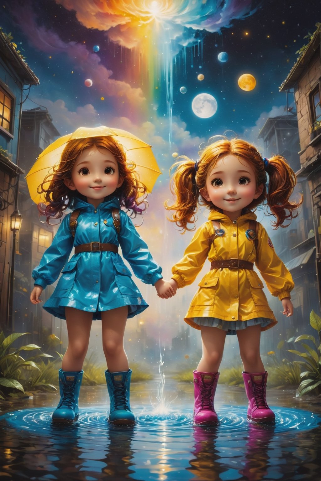 ultra detailed, (masterpiece, top quality, best quality, official art, beautiful and aesthetic:1.2),  Two girls playing in puddles wearing rain boots. In the center of the puddles,  there is a clear reflection of the transparent water surface with bright light reflecting upon it. The girls are dressed in yellow raincoats and wearing boots,  allowing them to play in the puddles without getting wet. One of them is an energetic girl with her hair tied up in pigtails,  while the other has cute short twin tails. Holding hands,  they jump and frolic,  creating splashes of water. The weather is fine after the rain,  and a vibrant rainbow stretches across the background,  creating a joyful atmosphere,  Dark night,  wind blowing,  stary night,  night sky,  absurderes,  high resolution,  Ultra detailed backgrounds,  highly detailed hair,  Calm tones,  (Geometry:1.42),  (Symmetrical background:1.4),  Photograph the whole body,  from below,  Backlighting of natural light,  falling petals,  the source of light is the moon light,  colorful wear,  (adorable difference face:1.4), (sharp focus:1.3), cyberpunk style,xxmixgirl, in the style of esao andrews,esao andrews style,esao andrews art