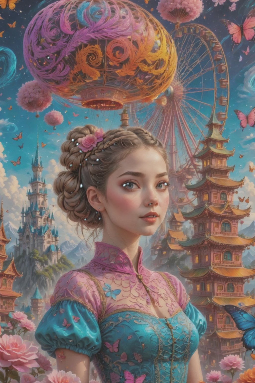 (Beautiful girl:1.5), front shot, adorable, cute braid hair, hair bun, (ultra detailed, ultra highres), (masterpiece, top quality, best quality, official art :1.4), (high quality:1.3), cinematic, wide shot, (muted colors, dim colors), A whimsical cityscape under a bright blue sky with fluffy clouds and butterflies. The city features traditional wooden buildings and a fantastical structure that combines a castle, a pagoda, and a Ferris wheel. The colors are vibrant and detailed. 4k, photorealistic,Anitoon2,Pastel color, Add more detail,FANTASY ,stylised art,frenchlineart,lineart,