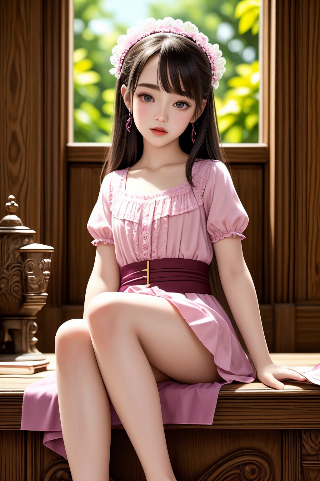 beautiful details, perfect focus,high resolution, exquisite texture in every detail, looking at viewer, blush, smile, bangs, copper eyes, hair ornament, purple hair, hair rings, twin braids, hair ribbon, hair between eyes, 
adorable girl dressed in a (Bisque Doll-like girl outfit: 1.1) The charming ensemble features a frilly collar and cuffs, with delicate lace details, ((1girl 15yo)), (female child, loli:1.3),  ((waist up body of Dilraba Dilmurat)), (Realistic: 1.2), (illustration: 1.2), (perfect eyes:1.3, perfect face:1.3), long eyelashes, perfect lighting, perfect shading, (best quality, masterpieces), (realphoto , photographic, 35mm f2.0:1.4),(Western, old school :1.2), fantasy, (beautiful girl:1.2), (beautiful face:1.2), (Small room, cluttered room, stairs:1.2),(book:1.6), Books are scattered all over the place, colorful dynamic, (sitting_on_stairs:0), sitting, (reading a book, looking at book,looking at another:1.4), expressionless, dutch angle, barefoot, side lighting, dynamic color hair,
(ultra-detailed, vivid colors,soft lighting, digital illustration) expressions, (dreamy atmosphere, colorful surroundings), digital art, 8K, 16K, cool wallpaper, things, jasmine, pillows, clutter, wood toy, sharp focus, HDR, Add more details,