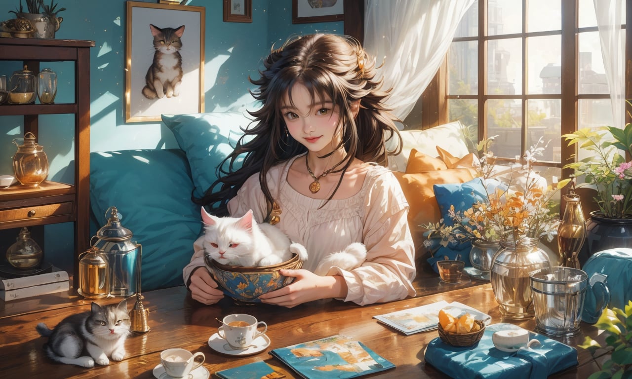 (best quality,ultra-detailed,cute animals,vivid colors,soft lighting,digital illustration,fluffy fur,playful expressions,adorable poses,dreamy atmosphere,colorful surroundings), (art by Makoto :1.5), digital art, child, cute cat, 16K, cool wallpaper, things, jasmine, pillows, clutter, toy, basket, wood, pot, can copper, garden yard, circle face, smile, sharp focus, HDR, long hair, Add more details