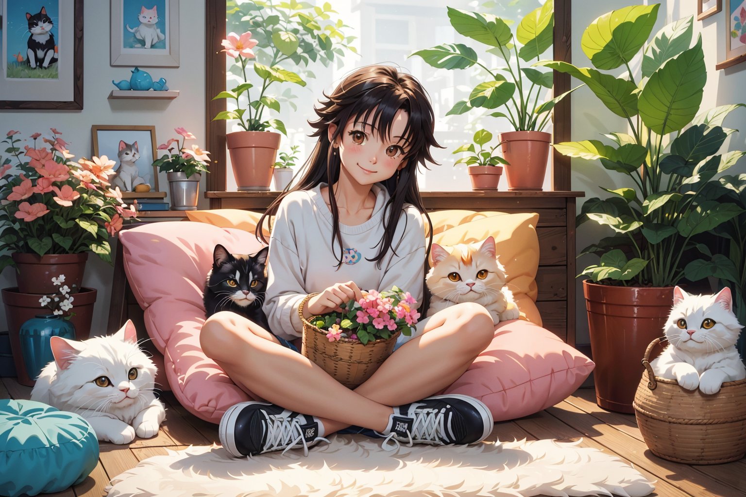 (best quality,ultra-detailed,cute animals,vivid colors,soft lighting,digital illustration,fluffy fur,playful expressions,adorable poses,dreamy atmosphere,colorful surroundings), (art by Makoto :1.5), digital art, child, cute cat, 16K, cool wallpaper, things, jasmine, pillows, clutter, toy, basket, wood, pot, can copper, garden yard, circle face, smile, sharp focus, HDR,Cutehair, long hair, shoes,👟,Add more details