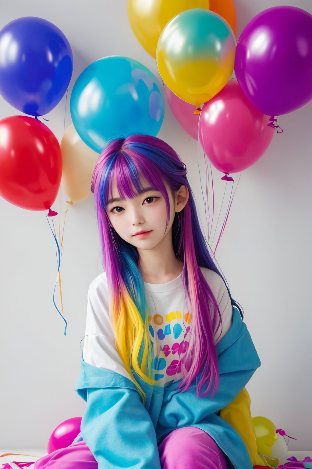 masterpiece, best quality, incredibly absurdres, 1girl, multiple colorful balloon, sitting, happy, closed mouth, casual outfit, very long hair, multi colored hair, confetti, upper body, bangs
