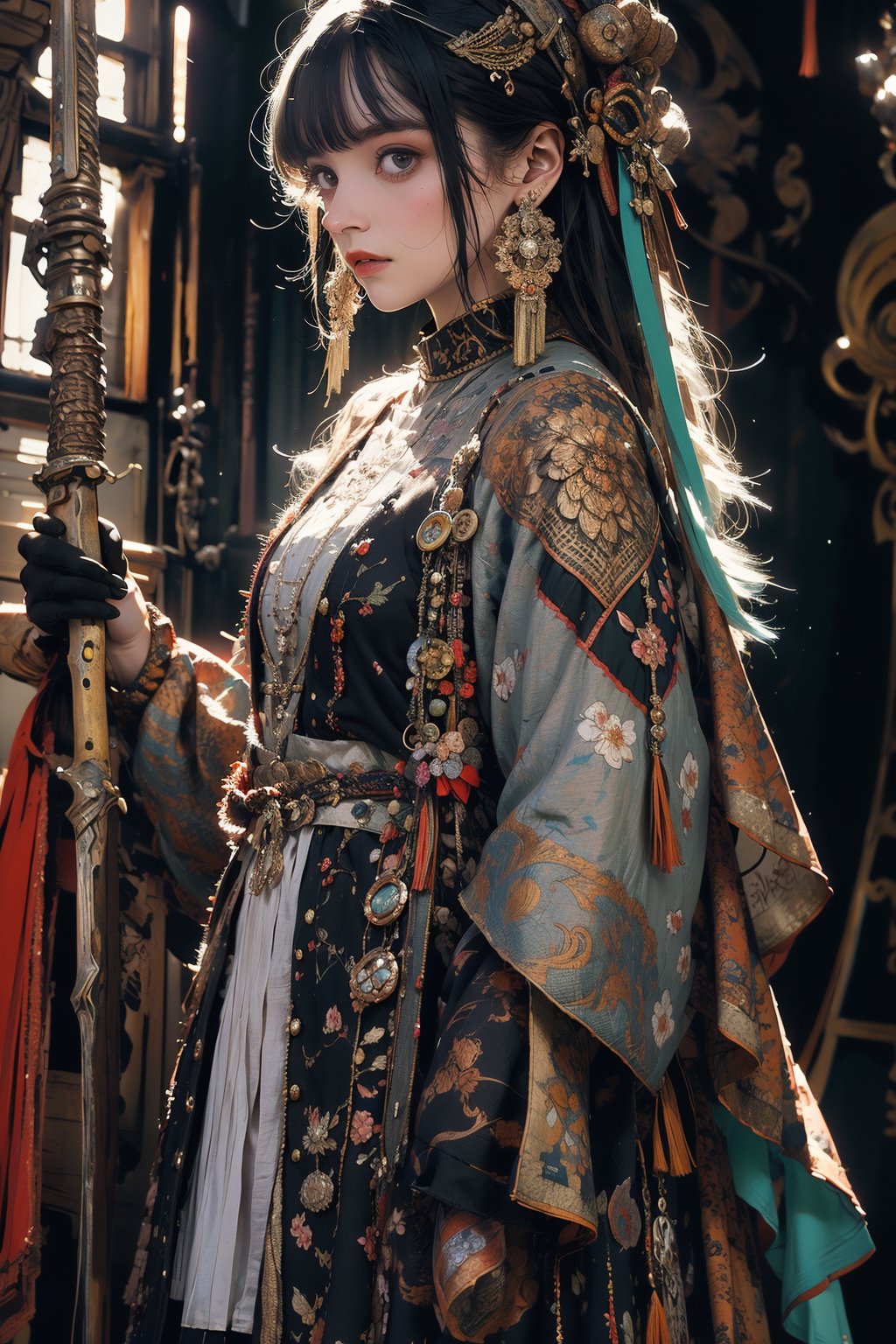 masterpiece, official art, ((ultra detailed)), (ultra quality), high quality, perfect face, 1 girl with long hair, blond-green hair with bangs, bronze eyes, detailed face, wearing a fancy ornate (((folk dress))), shoulder armor, armor, glove, hairband, hair accessories, striped, (holding the great weapon:1.7), jewelery, thighhighs, pauldrons, side slit, capelet, vertical stripes, looking at viewer, fantastical and ethereal scenery, daytime, church, grass, flowers. Intricate details, extremely detailed, incredible details, full colored, complex details, hyper maximalist, detailed decoration, detailed lines, best quality, HDR, dynamic lighting, perfect anatomy, realistic, more detail,
,Architect