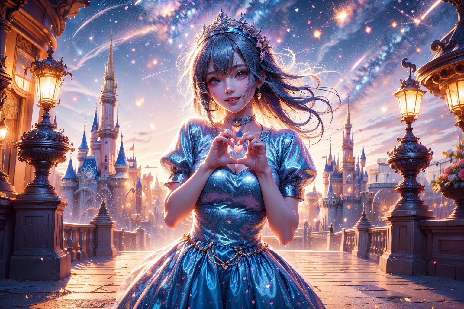 (best quality),(masterpiece:1.1),(extremely detailed CG unity wallpaper:1.1), (colorful:1.2),(panorama shot:1.4),looking at viewer,from above,2 girls ,15yo, (Disney cosplay :1.4), (Disney land Tokyo background :1.4), adorable hair, fun, smile, flowers (innocent grey), 16K, UHD, HDR, rose, twilight, perfect shadow, (perfect fingers :1.4), perfect face, five fingers for each hand, (heart hands pose :1.4), FANTASY ,beehive fireworks, ribbon choker, puffy short sleeves, magical girl