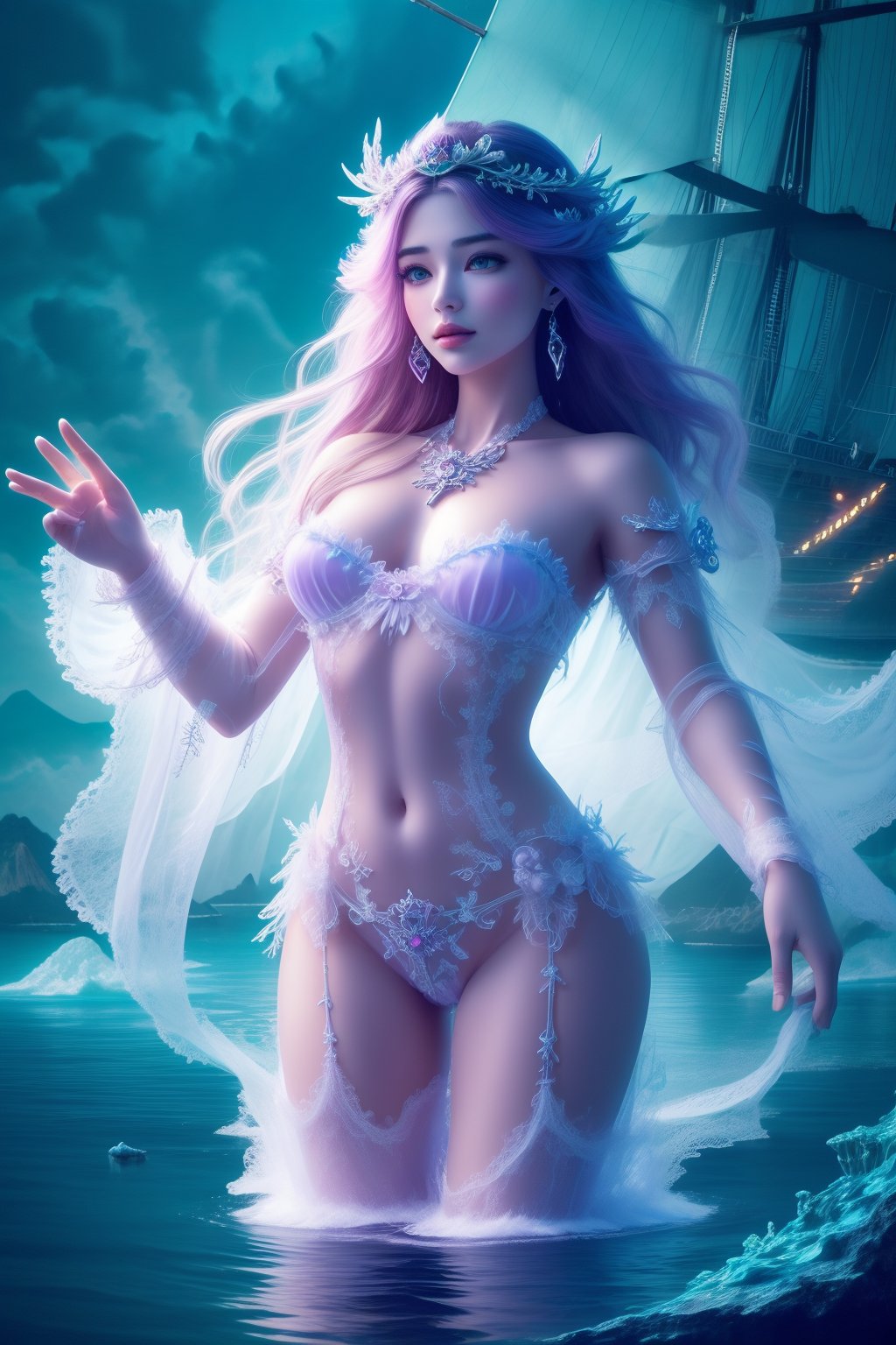 ultra detailed,  (masterpiece,  top quality,  best quality,  official art, perfect face:1.2),  UHD,(cinematic, azure and light pink:0.85), 32K, (Beautifully Detailed Face and Fingers), (Five Fingers) Each Hand,  (muted colors,  dim colors), (young beautiful girl m1.6), (Fantasy ancient ship style: 1.5) (Hyper-realistic thick paint) (Oriental ship concept) From a small angle, shocking, huge, visual impact, full-body ship (complex details) This immortal ship is like a huge fairy boat floating in the clouds . The hull is made of transparent crystal architecture, surrounded by floating fairy energy. The sails are woven from feathers and vines, painted with ancient runes and fairy designs. Passengers can feel the aura surrounding them, as if they are in a fairyland
