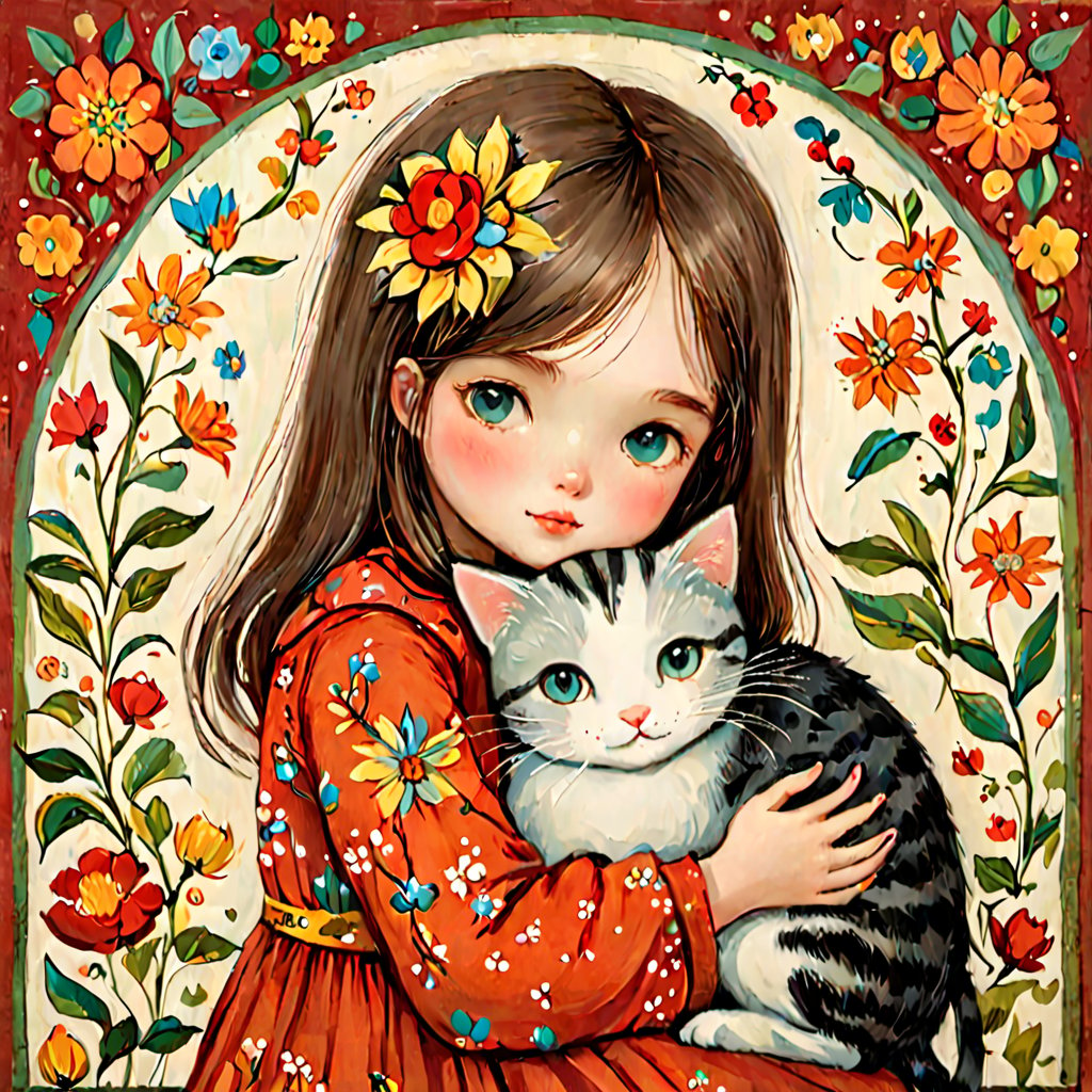 Whimsical folk art picture of a (little sweet girl) and (cat) hugging each other.
,Perfect skin,no