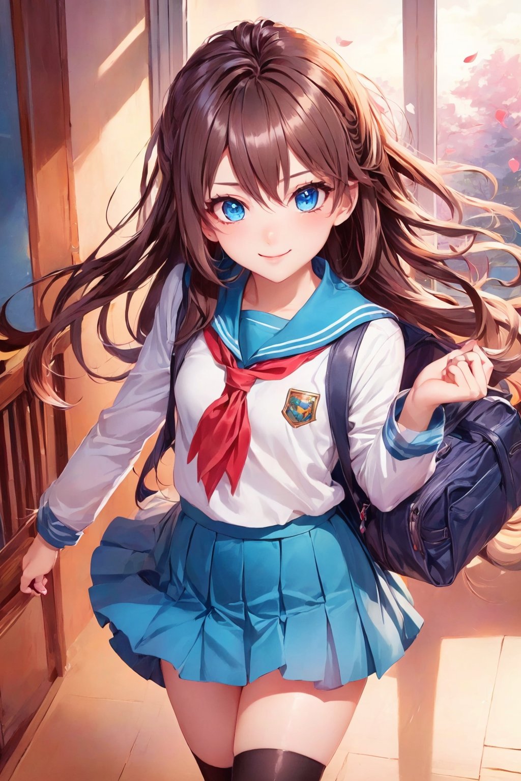 (perfect face), top quality, (official art :1.2), UHD, HDR, 16K, 8K, vivid color, (high quality:1.3), (masterpiece, best quality:1.4), (ultra detailed, ultra highres), sharp focus, extremely detailed CG, cute hair style (illustration:1.2), (photorealisitc :1.37), high contrast, colorful, ((school uniform)) ,stairs, brown hair, long hair, brown eyes, pleated skirt, socks, cloud, school bag, loafers, looking at viewer, wind, neckerchief, long sleeves, kneehighs, sailor collar, sky, bangs, hair ribbon, railing, brown footwear, hair tucking, petals, leaf, ribbon ,slender hands, (extremely beautiful, super cute:1.3), (detailed face, rosy skin, perfect eyes, detailed pupil), (1 cute Hamster:1.4), mandarin orange, dusk, duck toy, adorable, 1girl, solo, (smile), (dynamic action pose :1.2), (looking at camera:1.3), intricate details, (high school detail background, school interior :1.4) ,Charm of beauty,cute_girl,Blueeyes,Colors