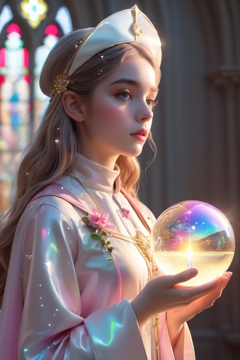 1girl, solo, (masterpiece), (absurdres:1.3), (ultra detailed), HDR, UHD, 16K, ray tracing, vibrant eyes, perfect face, award winning photo, beautiful, shiny skin, (highly detailed), clear face, teenage cute delicate girl, (shy blush:1.1), (high quality, high res, aesthetic:1.1), (dynamic action pose:1.3) ,slightly smile, lens flare, photo quality, big dream eyes, ((perfect eyes, perfect fingers)), iridescent brown hair, vivid color, perfect lighting, perfect shadow, realistic, stunning light, (atmosphere :1.6), nice hands, insane details ,high details ,kawaii, (extra wide shot: 1.8)

(Sharp focus realistic illustration:1.2), a giant glass sphere containing a small ecosystem, surrounded by measurement devices is installed in large-scale factory, a girl Priest stands next to the sphere, divine magic, sacred texts, ceremonial robes, incense, healing spells, blessing rituals, BREAK intricate illustrations, delicate linework, fine details, whimsical patterns, enchanting scenes, dreamy visuals, captivating storytelling, church and stain glass background, messy interior, book, elemental,  feature, flower, ((pink gold style)), Add more details, tsukioka kogane,Priscilla