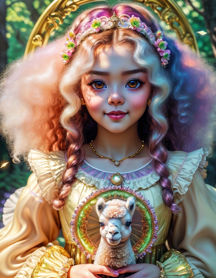 (masterpiece, best quality), (absurdres:1.3), (ultra detailed, ultra highres:1.1), 8K, UHD, realistic,photorealistic:1.37 ,beautiful detailed eyes,beautiful detailed lips , (classical lolita costume:1.5), slightly smile, (((with cute baby alpaca))) , magical aura, whimsical, colorful sunshine ,rays of sunlight peeping through the trees,soft dappled light,peaceful atmosphere,magical creatures,playing around, sparkling fairy dust,soft glow,x,y,z style painting,blending colors,vibrant hues,dreamlike scenery,Realism, (sparkling eyes:1.3), art by Jean-Gabriel Domergue, a cute teenage, 1girl, (15yo, child face), a ultra hd detailed painting, Jean-Baptiste Monge style, bright, beautiful, splash, Glittering, filigree, rim lighting, extremely fluffy, magic, surreal, fantasy, digital art, by wlop, by artgerm, (junji ito style:1.3) , (Andrei Belichenko style:1.3), (extra wide shot:1.6), smooth skin, mgln