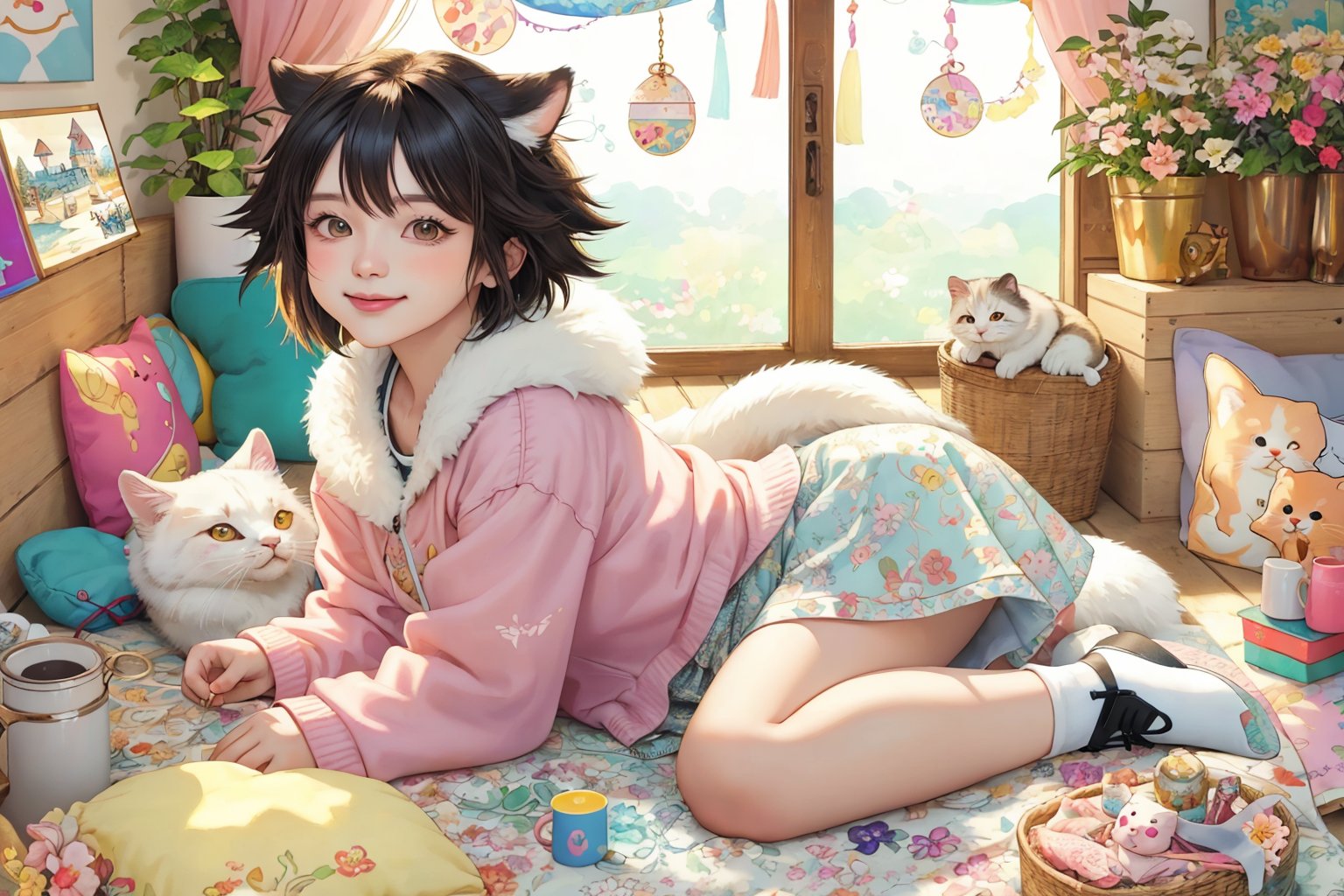 (best quality,ultra-detailed,cute animals,vivid colors,soft lighting,digital illustration,fluffy fur,playful expressions,adorable poses,dreamy atmosphere,colorful surroundings), (art by Makoto :1.5), digital art, child, cute cat, 16K, cool wallpaper, things, jasmine, pillows, clutter, toy, basket, wood, pot, can copper, garden yard, circle face, smile, sharp focus, HDR, Add more details