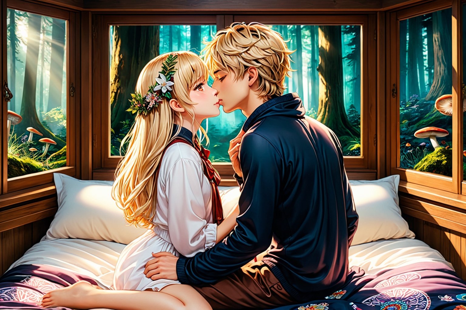 (Anime :1.4), realistic, picture of a (girl and a boy kissing on the bed), blonde boy, sitting on the bed, close up,  cheek hold,  faces close, holding face, cheek carassing, blushing, innocent, beautiful kiss, sweet, caring, cute, passionate,  intimate,  love,  positive,  jewerly, casual cozy room, close up,  full body, great anatomy, perfect body, casual hippie attire,  relaxed, mandalas, fantasy shapes and waves, colorful, mushroom decoration, good proportions, smooth skin, window with forest, (dynamic angle), beautiful light, high contrast, highly detailed, 4k, 8k, HD, crispy, masterpiece, digital art, beautiful,  high focus, very warm tones, (Beautifully Detailed Face and Fingers), (Five Fingers for Each Hand), (5fingers, detailed hand:1.2), (fine fingers, real hands, real fingers :1.5) ,brown eyes,sexy scenery, topless,GyokaiOnonoimokoStyle