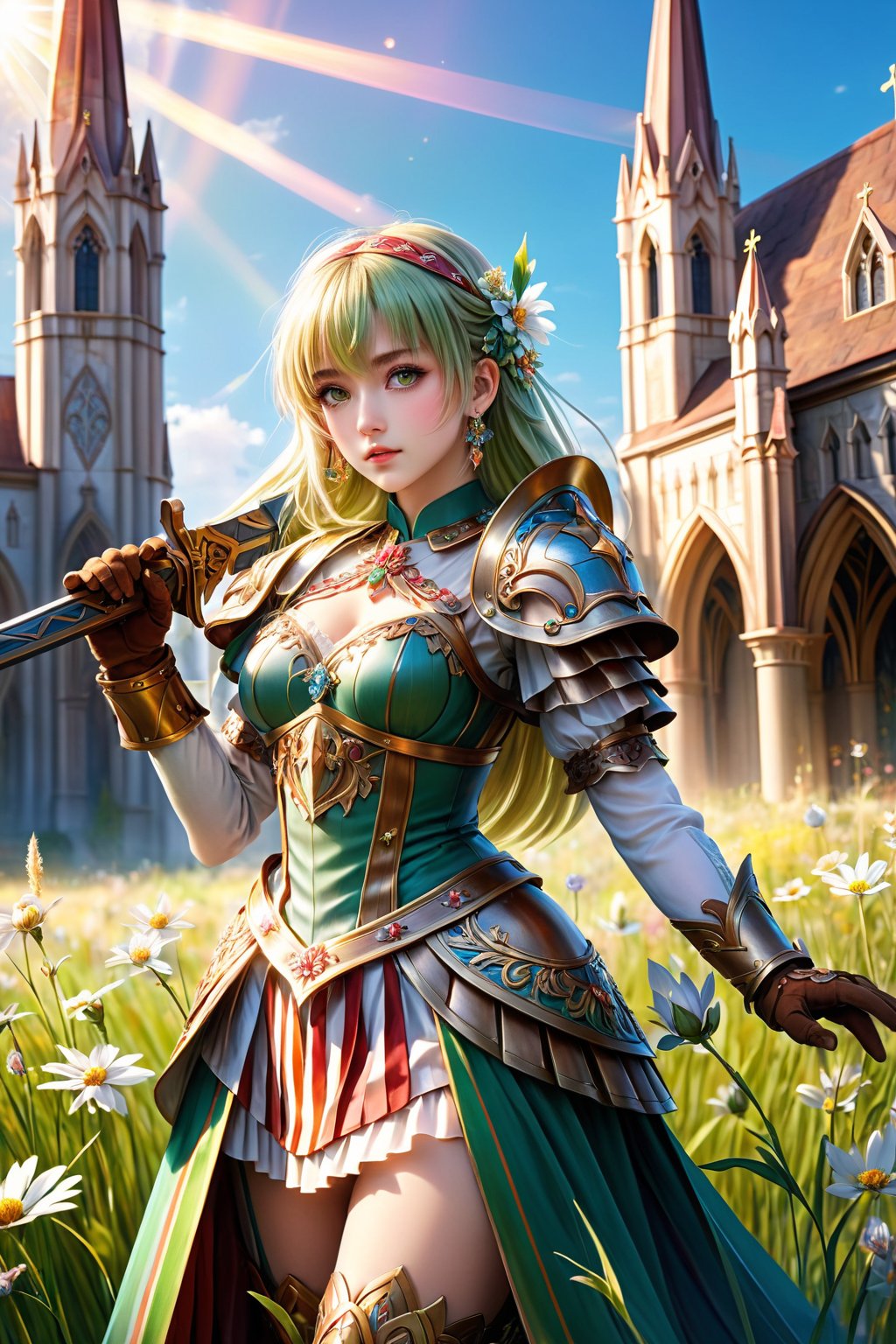 (masterpiece), (absurdres:1.3), (ultra detailed), HDR, UHD, 16K, ray tracing, vibrant eyes, perfect face, award winning photo, 1 girl with long hair, blond-green hair with bangs, bronze eyes, detailed face, wearing a fancy ornate (((folk dress))), shoulder armor, armor, glove, hairband, hair accessories, striped, (holding the great weapon:1.7), jewelery, thighhighs, pauldrons, side slit, capelet, vertical stripes, looking at viewer, fantastical and ethereal scenery, daytime, church, grass, flowers. Intricate details, extremely detailed, incredible details, full colored, complex details, hyper maximalist, detailed decoration, detailed lines, best quality, dynamic lighting, perfect anatomy, realistic, more detail, Architect, shiny skin, (shy blush:1.1), (dynamic action pose:1.3) ,slightly smile, lens flare, photo quality, big dream eyes, ((perfect eyes, perfect fingers)) ,kawaii, (Sharp focus realistic illustration:1.2), 