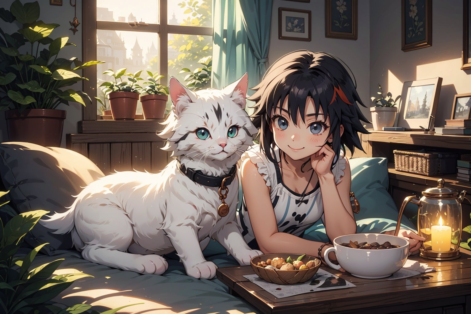 (best quality,ultra-detailed,cute animals,vivid colors,soft lighting,digital illustration,fluffy fur,playful expressions,adorable poses,dreamy atmosphere,colorful surroundings), (art by Makoto :1.5), digital art, child, cute cat, 16K, cool wallpaper, things, jasmine, pillows, clutter, toy, basket, wood, pot, can copper, garden yard, circle face, smile, sharp focus, HDR, cute hair, Add more details,