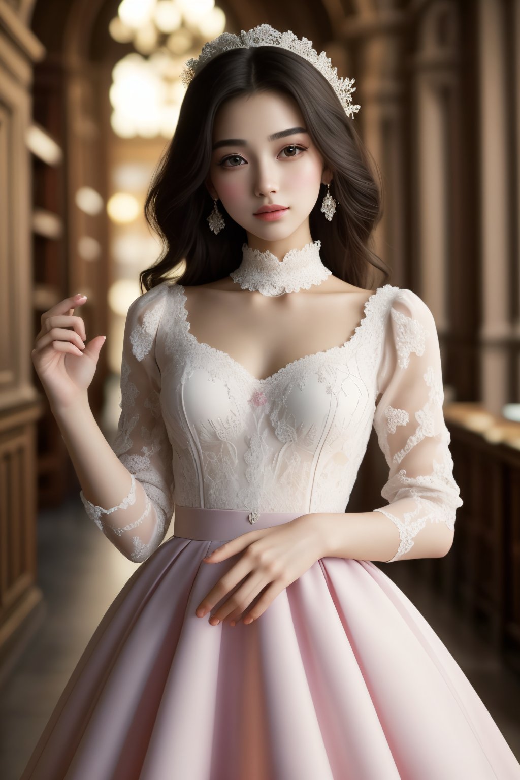 ultra detailed,  (masterpiece,  top quality,  best quality,  official art, perfect face:1.2),  UHD,(cinematic, azure and light pink:0.85), 32K, (Beautifully Detailed Face and Fingers), (Five Fingers) Each Hand,  (muted colors,  dim colors), vanilla dress, young beautiful girl, dynamic posing, old Library, magic, potions shop, art, 1girl, Haute_Couture,AoiDef,