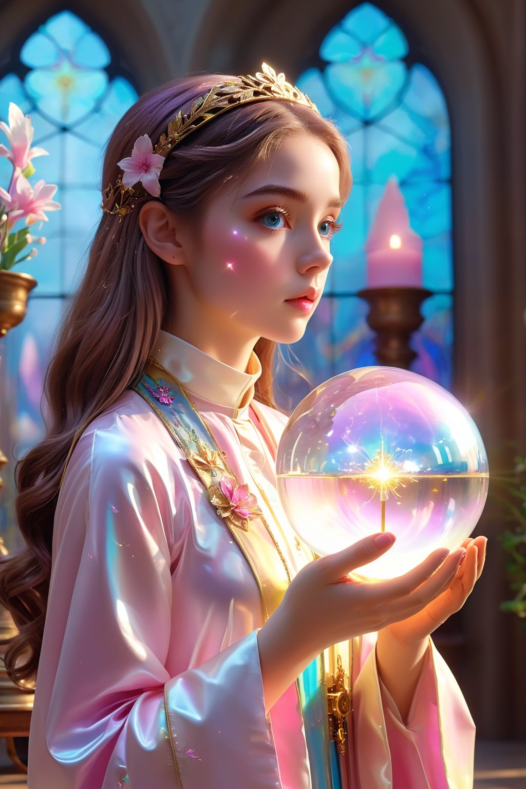 1girl, solo, (masterpiece), (absurdres:1.3), (ultra detailed), HDR, UHD, 16K, ray tracing, vibrant eyes, perfect face, award winning photo, beautiful, shiny skin, (highly detailed), clear face, teenage cute delicate girl, (shy blush:1.1), (high quality, high res, aesthetic:1.1), (dynamic action pose:1.3) ,slightly smile, lens flare, photo quality, big dream eyes, ((perfect eyes, perfect fingers)), iridescent brown hair, vivid color, perfect lighting, perfect shadow, realistic, stunning light, (atmosphere :1.6), nice hands, insane details ,high details ,kawaii, (extra wide shot: 1.8)

(Sharp focus realistic illustration:1.2), a giant glass sphere containing a small ecosystem, surrounded by measurement devices is installed in large-scale factory, a girl Priest stands next to the sphere, divine magic, sacred texts, ceremonial robes, incense, healing spells, blessing rituals, BREAK intricate illustrations, delicate linework, fine details, whimsical patterns, enchanting scenes, dreamy visuals, captivating storytelling, church and stain glass background, messy interior, book, elemental,  feature, flower, ((pink gold style)), Add more details, tsukioka kogane,Priscilla