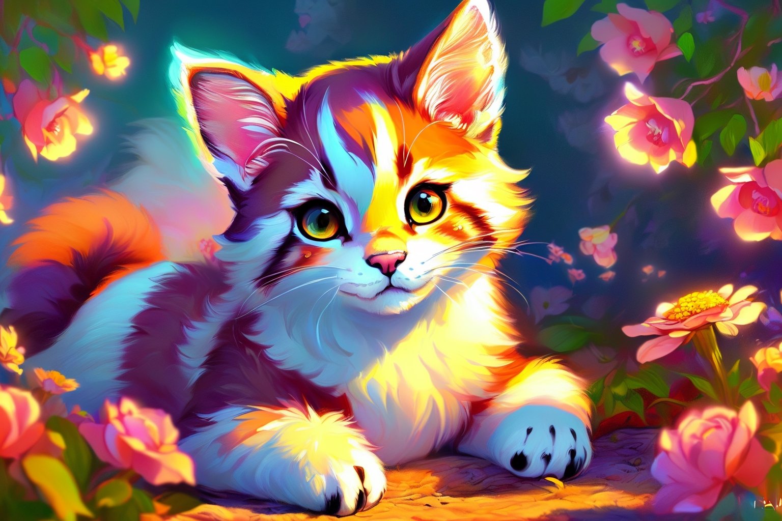 (best quality,ultra-detailed,cute animals,vivid colors,soft lighting,digital illustration,fluffy fur,playful expressions,adorable poses,dreamy atmosphere,colorful surroundings), (art by Makoto :1.5), digital art, child, cute cat, 16K, cool wallpaper, things, flowers,hybrid