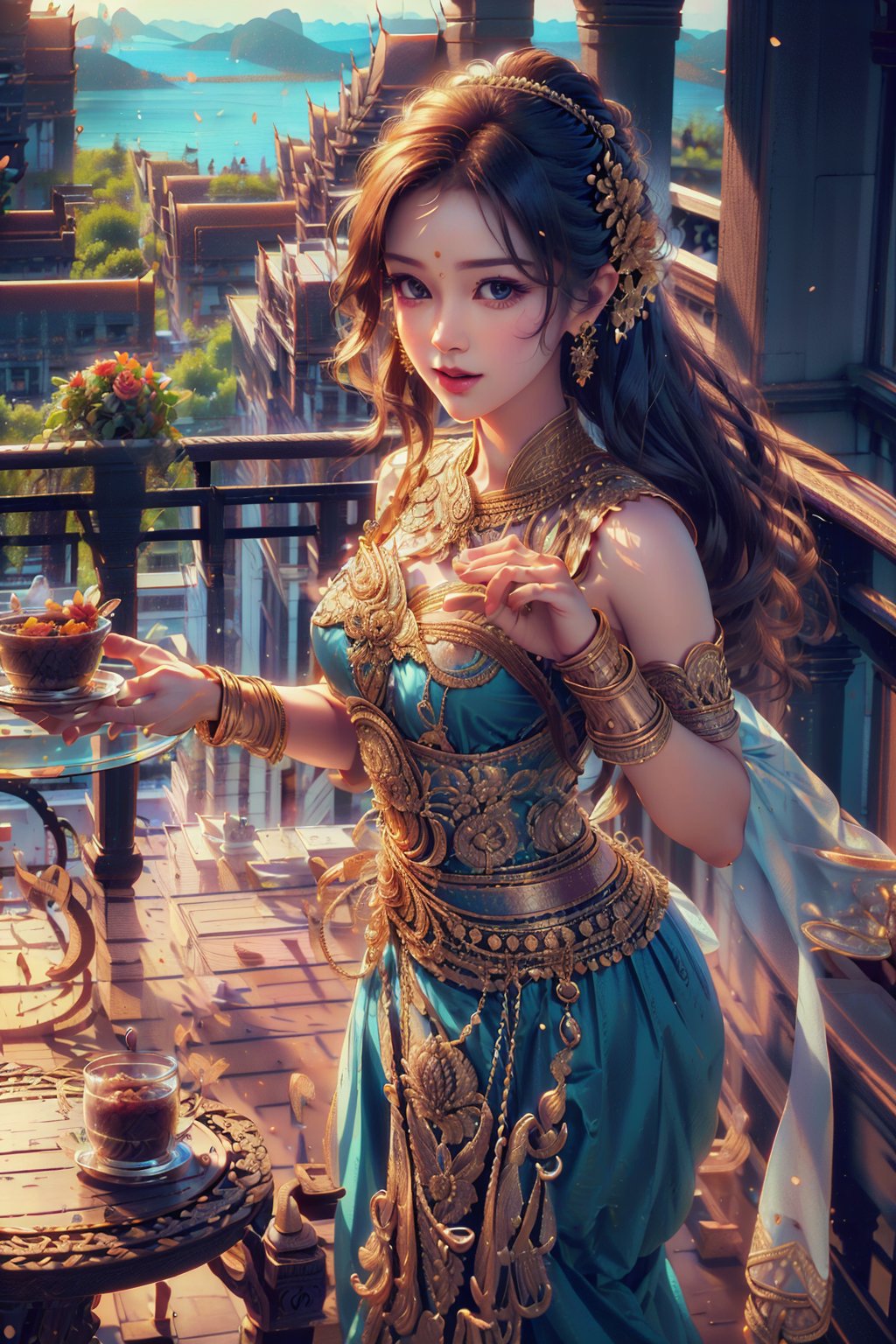 1girl, perfect face, (best quality, masterpieces:1.3), (beautiful and aesthetic:1.2), colorful, dynamic angle, (Realistic:1.4), illustration, (high quality:1.3), (ultra detailed, ultra highres), 32K, (Beautifully Detailed Face and Fingers), (Five Fingers) Each Hand, sharp focus, professional dslr photo, photoreal, Thai house style, (the balcony outside the room, table with hot tea, Thai food style, sweet desserts :1.5), See the evening view, forehead jewel, rose jewelry, volumetric fx, ray tracing, (((intricate detailed))), extremely detailed CG, (hyper realism, soft light, dramatic light, sharp, HDR), nice hands, perfect image, vivid color, (official art, extreme detailed, highest detailed), (dynamic action pose :1.4),more detailed, colorful sky azure and crimson, 1girl, cute hair bun style, (((Thailand dress costume))), Wonder of Art and Beauty, Romantic tone, ,best quality,Dream, long skirt,glasstech,coexistence of day and night,cute