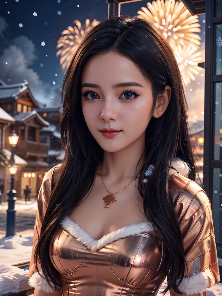 (best quality, masterpiece, perfect face :1.2), (beautiful and aesthetic:1.2), colorful, dynamic angle, highest detailed face) , girl, the atmosphere is fun and full of happiness. The sky was filled with colorful fireworks. In the front is a couple facing each other (Realistic:1.4), illustration, Adorable, (winter fur dress, puffy:1.6), (high quality:1.3), (ultra detailed, 8K, 16K, ultra highres), sharp focus, professional dslr photo, photoreal, (Photorealistic:1.4), UHD, HDR, volumetric fx, ray tracing, (((intricate details))), extremely detailed CG, perfect anatomy, perfect face, beautiful, cinematic photo, romantic tone, vibrant colors, perfect photography, professional, perfect sky, long hairstyles, (navy, orange, red, gold hues), In front are dear friends hugging each other happily, cute cloth, copper style, (official art, extreme detailed, highest detailed), Hot , asian girl,furure_urban