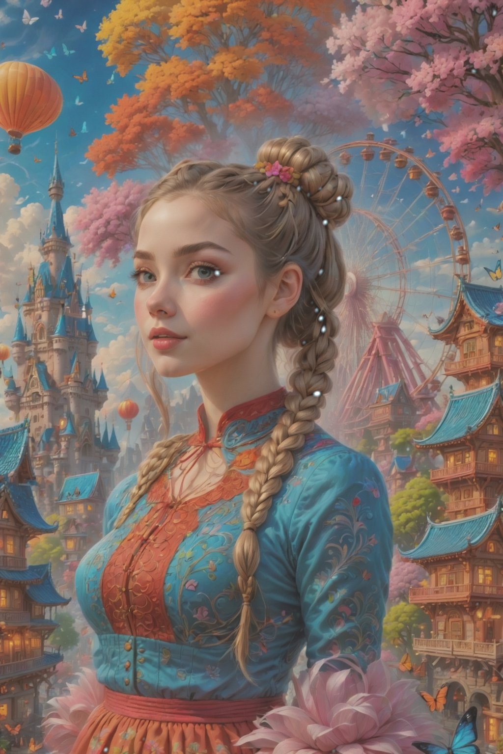 (Beautiful girl:1.5), front shot, adorable, cute braid hair, hair bun, (ultra detailed, ultra highres), (masterpiece, top quality, best quality, official art :1.4), (high quality:1.3), cinematic, wide shot, (muted colors, dim colors), A whimsical cityscape under a bright blue sky with fluffy clouds and butterflies. The city features traditional wooden buildings and a fantastical structure that combines a castle, a pagoda, and a Ferris wheel. The colors are vibrant and detailed. 4k, photorealistic,Anitoon2,Pastel color, Add more detail,FANTASY ,stylised art,frenchlineart,lineart,