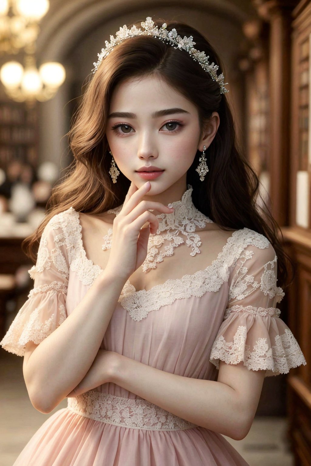 ultra detailed,  (masterpiece,  top quality,  best quality,  official art, perfect face:1.2),  UHD,(cinematic, azure and light pink:0.85), 32K, (Beautifully Detailed Face and Fingers), (Five Fingers) Each Hand,  (muted colors,  dim colors), vanilla dress, young beautiful girl, dynamic posing, old Library, magic, potions shop, art, 1girl, Haute_Couture,AoiDef,