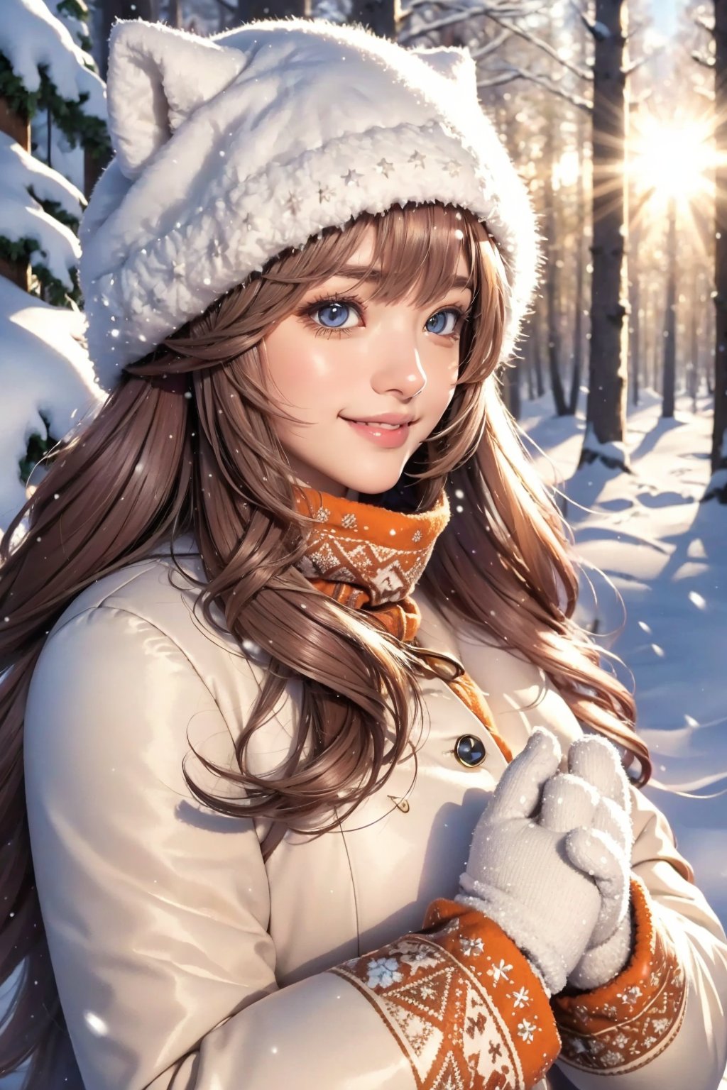 (best quality:1.05), 1girl, winter clothes, detailed clothes, high quality winter clothes, intricate detail, mittens, smiling, cold, forest village, snow, snowing, sun rays, shining, dawn, setting sun, cat ears, orange eyes, white winter jacket, dynamic lighting, intricate detail,