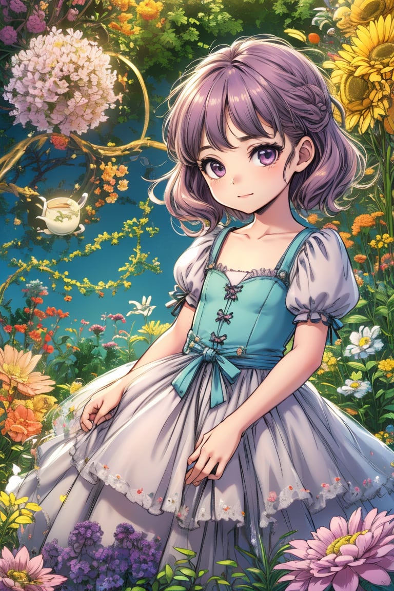 ultra detailed, (masterpiece, top quality, best quality, official art, perfect face:1.2), UHD, cinematic, 16K, (muted colors, dim colors), perfect face, perfect eyes, adorable girl dressed in a (Bisque Doll-like girl outfit: 1.1), high resolution, perfect eyes:1.3, perfect face:1.3, long eyelashes, (masterpiece:1.3), best quality, nostalgic, (realistic: 1.4), (illustration: 1.2), random hair color, short hair, ((1 girl)), (14years old, female child, loli:1.4), cute face, maid costume, pretty eyes, (making tea: 1.6), big cleaning, clutter, (Ray tracing: 1.3), (extremely detailed CG), clear delicate faces, Angelonia, Rich red dress with lots of lace and frills, (Waist up body: 1.5), perfect lighting, perfect shading, rim light, perfect anatomy, perfect hands, 
(best quality, masterpiece), gazebo, ((Bright Periwinkle)), (funny pose:1.3), action pose, hands up, flower pattern, flower pot, (green-purple eyes:1.3) red hair and wavy hair, very cute hair