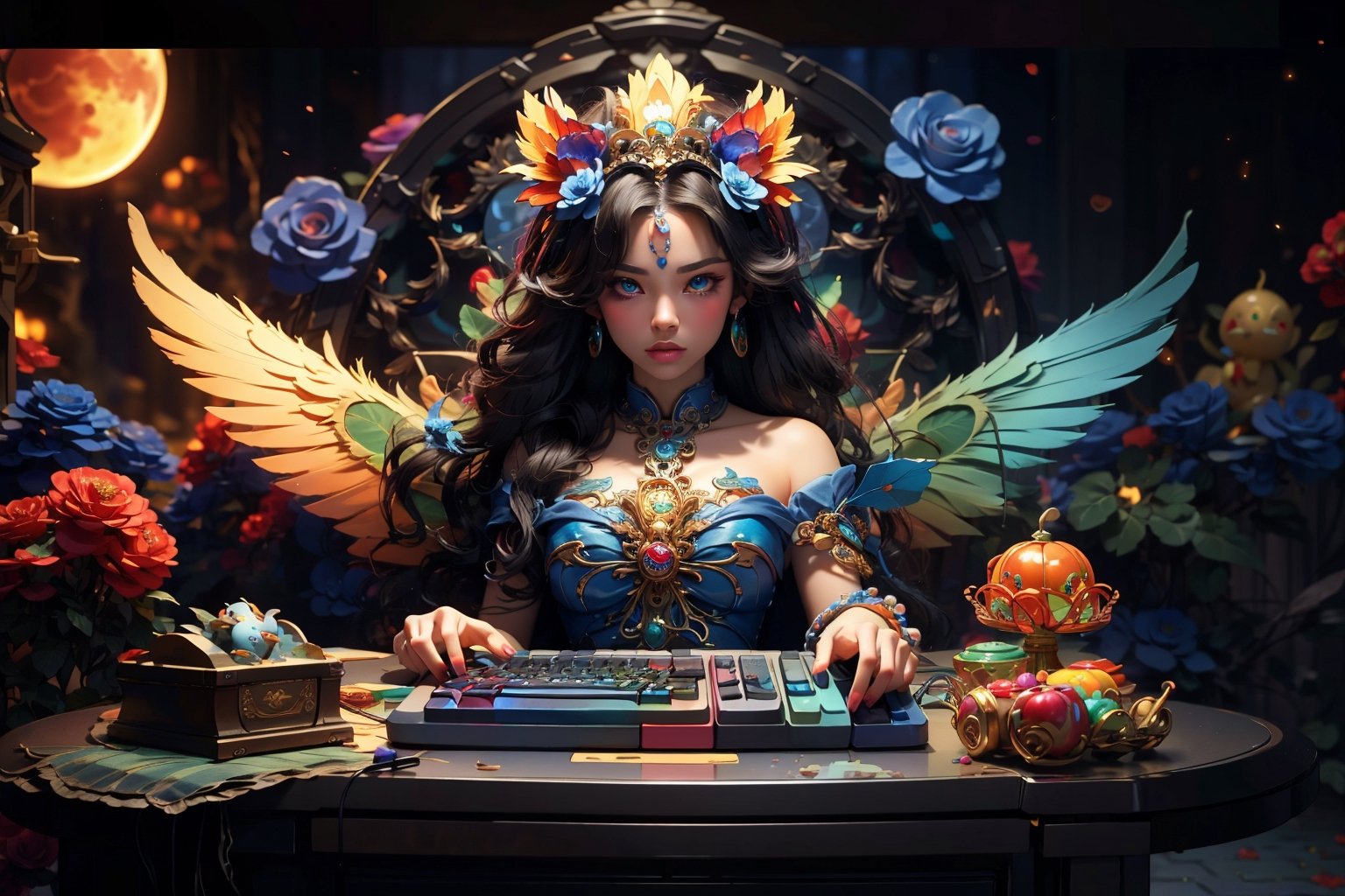 Best Quality, masterpiece, ultra-high resolution, (illustration:1.2), (photo realistic: 1.4) , Surrealism, Fantastical verisimilitude, beautiful blue-skinned goddess Phoenix Peacock on her head, fantastical creation, thriller color scheme, surrealism, abstract, psychedelic, 1 girl,flower,castle,jyy-hd,Messy desktop, clutter, half eaten instant noodles, various snacks, mobile phones, tablets, headphones, PSPs, game controllers, illuminated keyboards and mice, scattered stationery,(various mooncakes), (RGB keyboard computer:1.3), monitor, mouse (computer), hi tech, chair, speaker, light bar, nice hands,