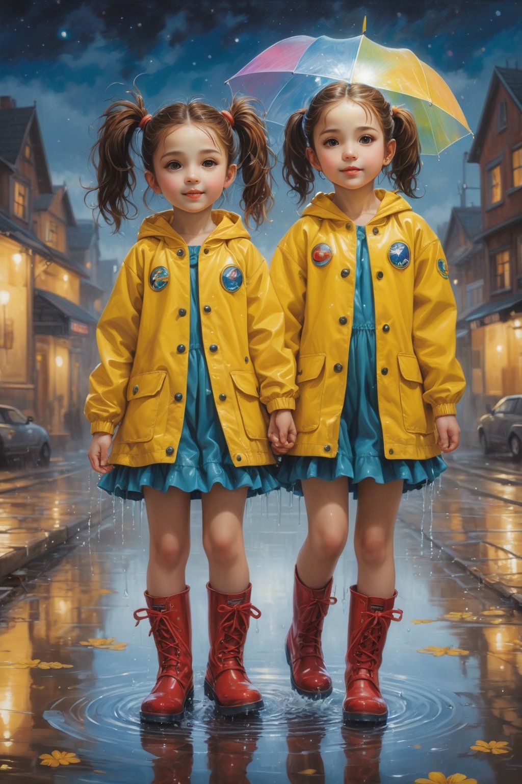 ultra detailed, (masterpiece, top quality, best quality, official art, beautiful and aesthetic:1.2),  Two girls playing in puddles wearing rain boots. In the center of the puddles,  there is a clear reflection of the transparent water surface with bright light reflecting upon it. The girls are dressed in yellow raincoats and wearing boots,  allowing them to play in the puddles without getting wet. One of them is an energetic girl with her hair tied up in pigtails,  while the other has cute short twin tails. Holding hands,  they jump and frolic,  creating splashes of water. The weather is fine after the rain,  and a vibrant rainbow stretches across the background,  creating a joyful atmosphere,  Dark night,  wind blowing,  stary night,  night sky,  absurderes,  high resolution,  Ultra detailed backgrounds,  highly detailed hair,  Calm tones,  (Geometry:1.42),  (Symmetrical background:1.4),  Photograph the whole body,  from below,  Backlighting of natural light,  falling petals,  the source of light is the moon light,  colorful wear,  (adorable difference face:1.4), (sharp focus:1.3), cyberpunk style,xxmixgirl, in the style of esao andrews,esao andrews style,esao andrews art