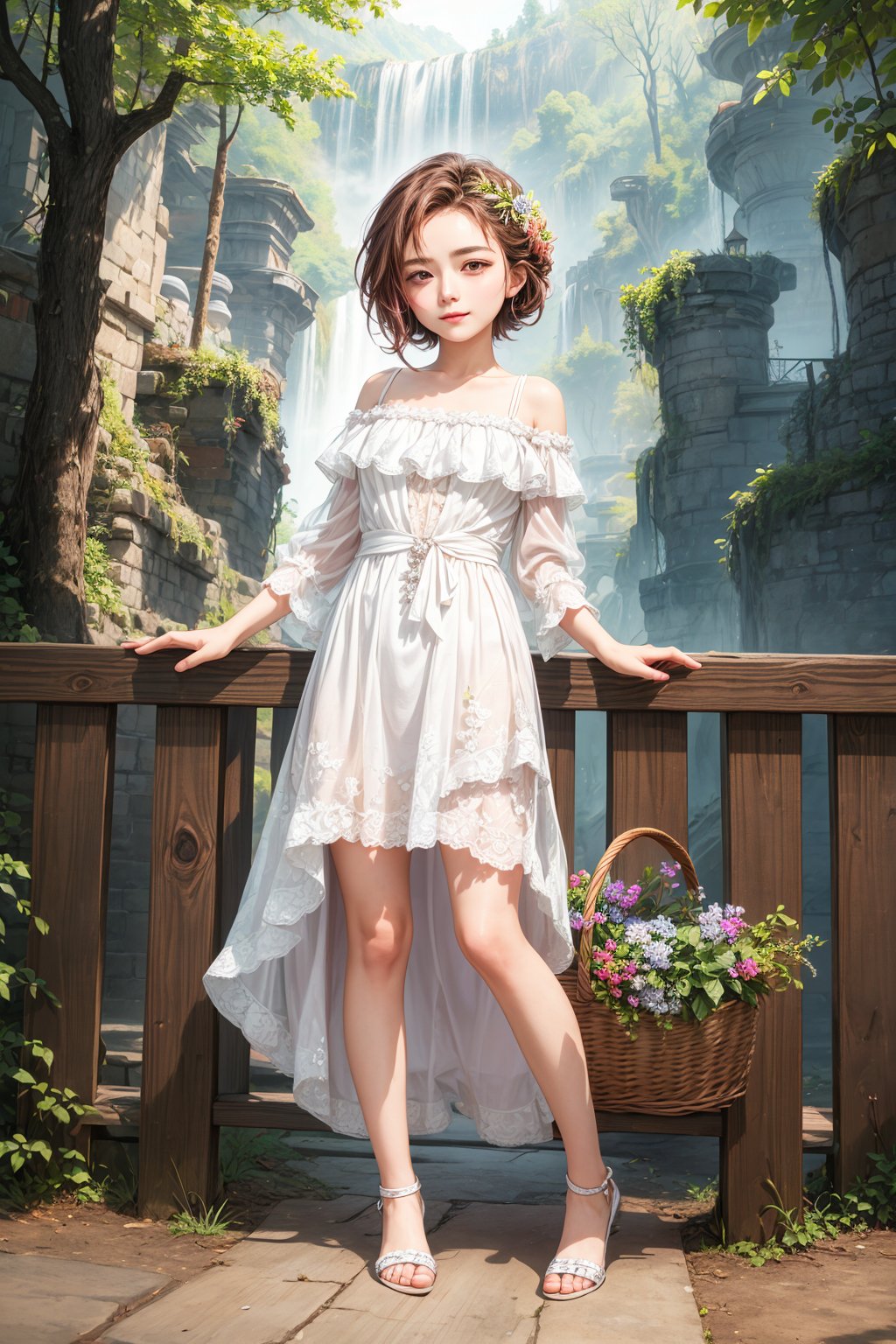 (best quality),(masterpiece:1.1),(extremely detailed CG unity wallpaper:1.1), (colorful cloth :1.3),(panorama shot:1.4),looking at viewer, from below, high res, detailed face, detailed eyes, 1 girl, solo, long-bob roughtly cut and two braided hair-bangs tied behind her head, cute hairstyle, full body, mountain forest , outdoors, (perfect fingers :1.4), perfect face, five fingers for each hand, fantasy, hugging basket , Exquisite face, Model shooting style,