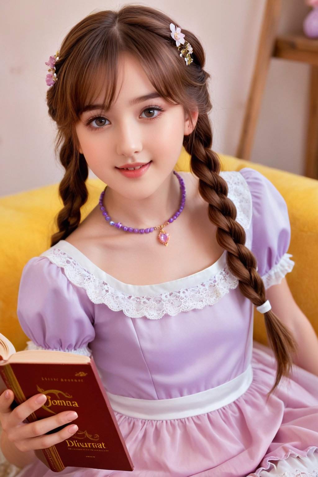 beautiful details, perfect focus,high resolution, exquisite texture in every detail, looking at viewer, blush, smile, bangs, copper eyes, hair ornament, purple hair, hair rings, twin braids, hair ribbon, hair between eyes, 
adorable girl dressed in a (Bisque Doll-like girl outfit: 1.1) The charming ensemble features a frilly collar and cuffs, with delicate lace details, ((1girl 15yo)), (female child, loli:1.3),  ((waist up body of Dilraba Dilmurat)), (Realistic: 1.2), (illustration: 1.2), (perfect eyes:1.3, perfect face:1.3), long eyelashes, perfect lighting, perfect shading, (best quality, masterpieces), (realphoto , photographic, 35mm f2.0:1.4),(Western, old school :1.2), fantasy, (beautiful girl:1.2), (beautiful face:1.2), (Small room, cluttered room, stairs:1.2),(book:1.6), Books are scattered all over the place, colorful dynamic, (sitting_on_stairs:0), sitting, (reading a book, looking at book,looking at another:1.4), expressionless, dutch angle, barefoot, side lighting, dynamic color hair,
(ultra-detailed, vivid colors,soft lighting, digital illustration) expressions, (dreamy atmosphere, colorful surroundings), digital art, 8K, 16K, cool wallpaper, things, jasmine, pillows, clutter, wood toy, sharp focus, HDR, Add more details,perfect finger