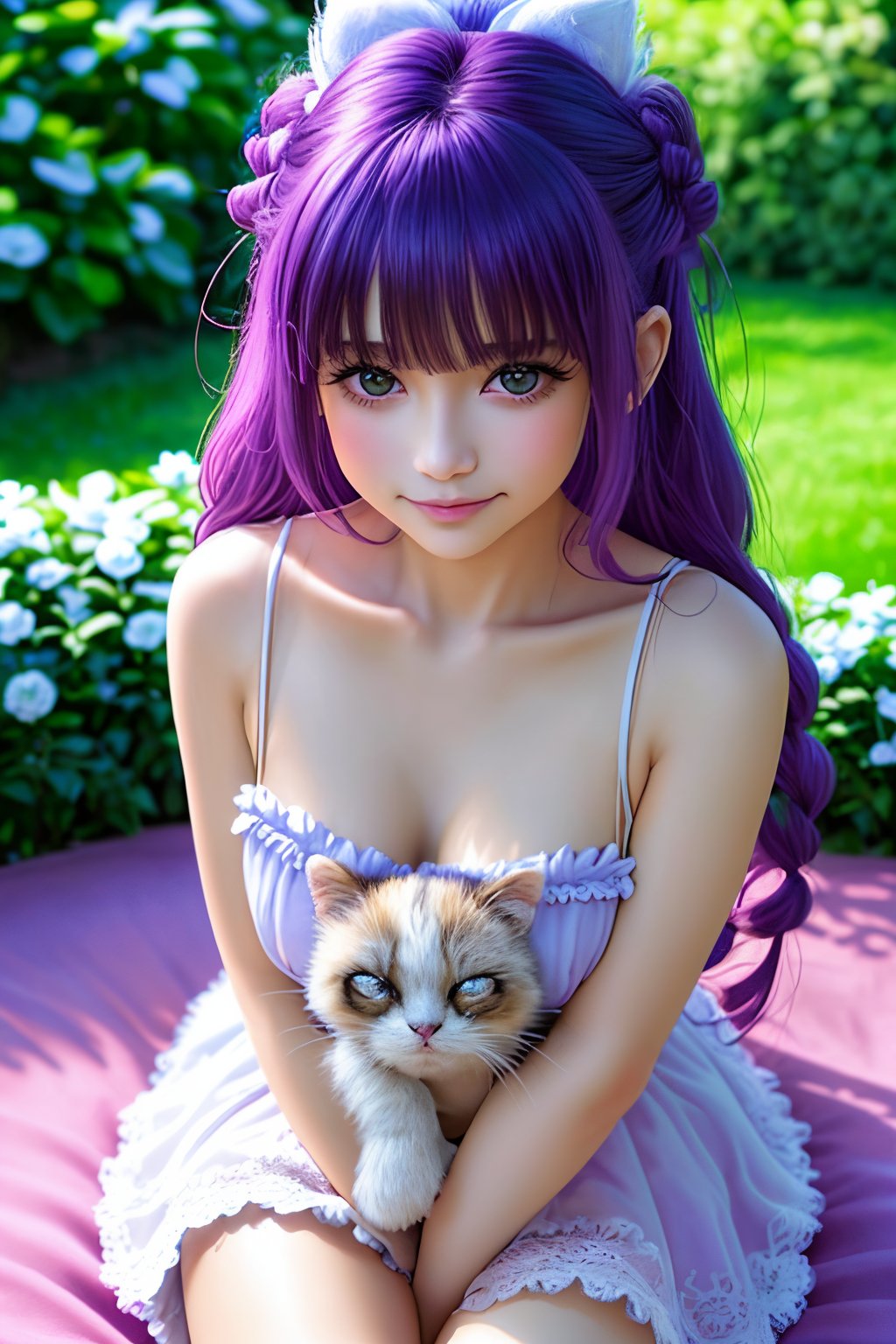 Masterpiece, beautiful details, perfect focus, 8K, high resolution, exquisite texture in every detail, 1girl, solo, looking at viewer, blush, smile, bangs, blue eyes, hair ornament, purple hair, hair rings, twin braids, hair flower, hair ribbon, hair between eyes, (best quality,ultra-detailed,cute animals,vivid colors,soft lighting,digital illustration,fluffy fur,playful expressions,adorable poses,dreamy atmosphere, colorful surroundings), (art by Makoto :1.5), digital art, child, cute cat, 16K, cool wallpaper, things, jasmine, pillows, clutter, toy, basket, wood, pot, can, copper, garden yard, smile, sharp focus, HDR,Add more details,