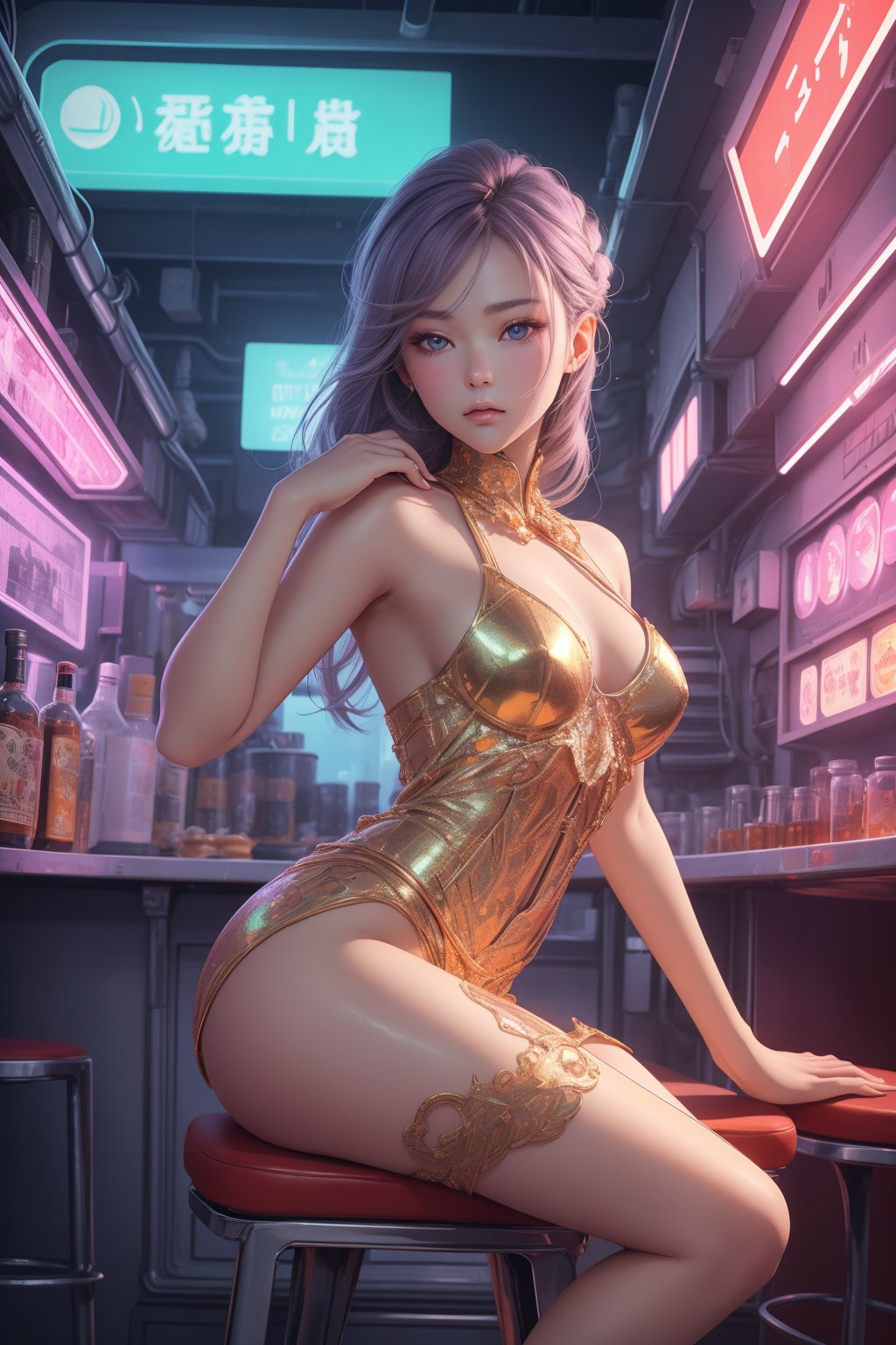 (ultra detailed, ultra highres), (masterpiece, top quality, best quality, official art :1.4), (high quality:1.3), A sultry sexual android perches on a stool, its metallic curves glistening under the pulsing neon lights of the cyberpunk club. The air is thick with the sweet scent of smoky whiskey and the murmur of hushed conversations. Before it, a rainbow-colored drink glows like a miniature cityscape, awaiting the android's selection. Its gaze, a piercing fusion of human and machine, holds the promise of intimacy and connection for anyone brave enough to approach, Movie Poster, 