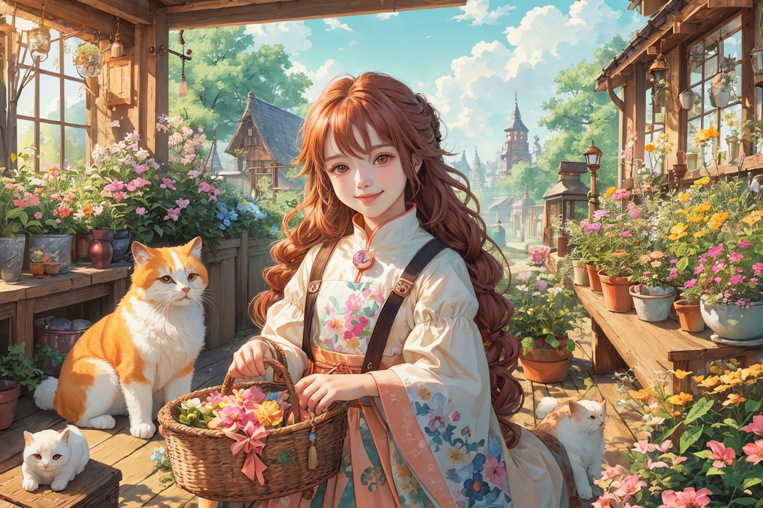 (best quality, ultra-detailed, cute animals,vivid colors,soft lighting,digital illustration,fluffy fur,playful expressions,adorable poses,dreamy atmosphere, colorful surroundings), (art by Makoto :1.5), digital art, child, cute cat, 16K, cool wallpaper, bun hair, things, jasmine, pillows, clutter, toy, basket, long hair, wood, pot, can copper, garden yard, circle face, smile, sharp focus, HDR, Add more details