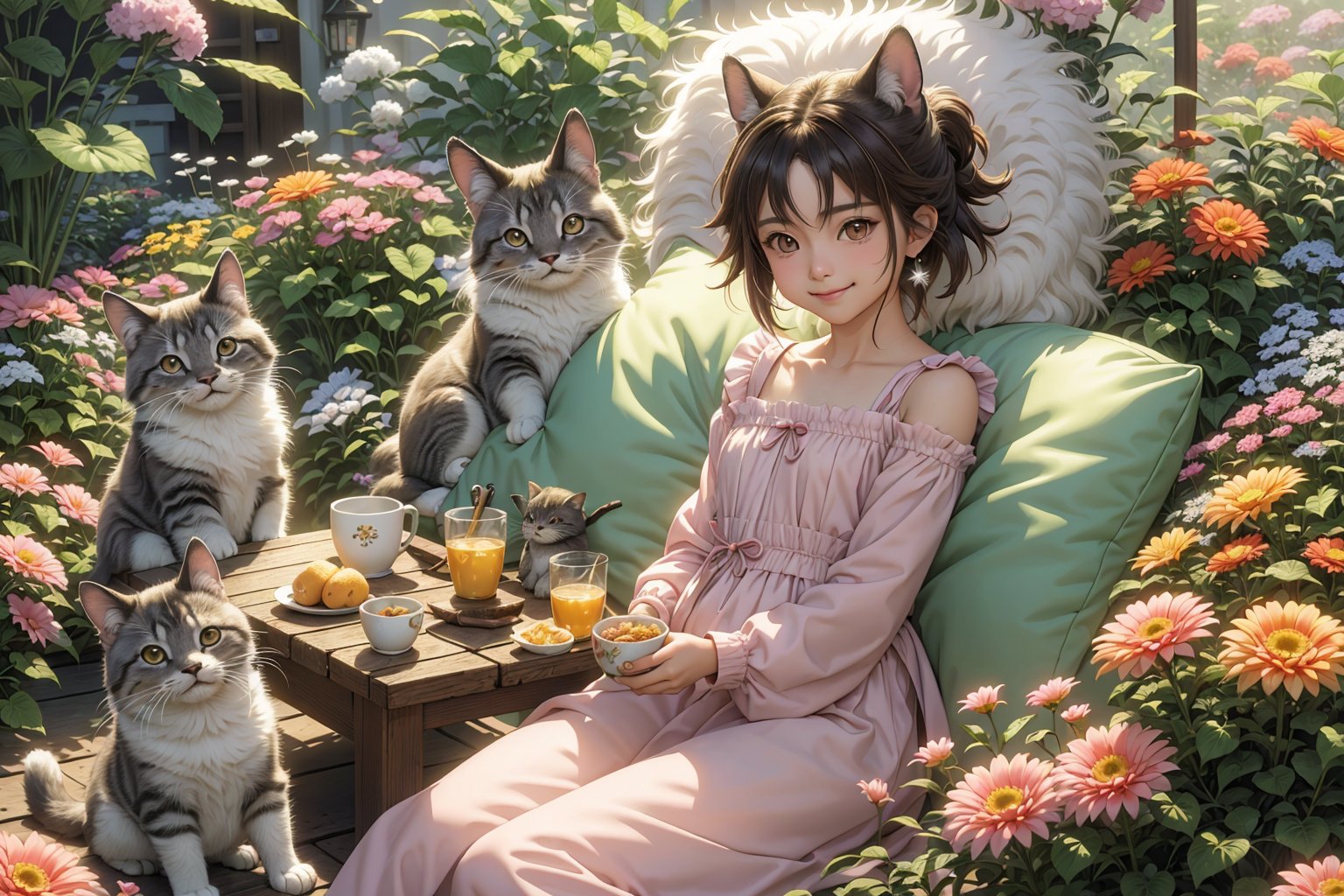 (best quality,ultra-detailed,cute animals,vivid colors,soft lighting,digital illustration,fluffy fur,playful expressions,adorable poses,dreamy atmosphere,colorful surroundings), (art by Makoto :1.5), digital art, child, cute cat, 16K, cool wallpaper, things, jasmine, pillows, clutter, toy, basket, wood, pot, can copper, garden yard, circle face, smile, sharp focus, HDR,Cosplay,onitsuka_natsumi_lovelivesuperstar,Add more details