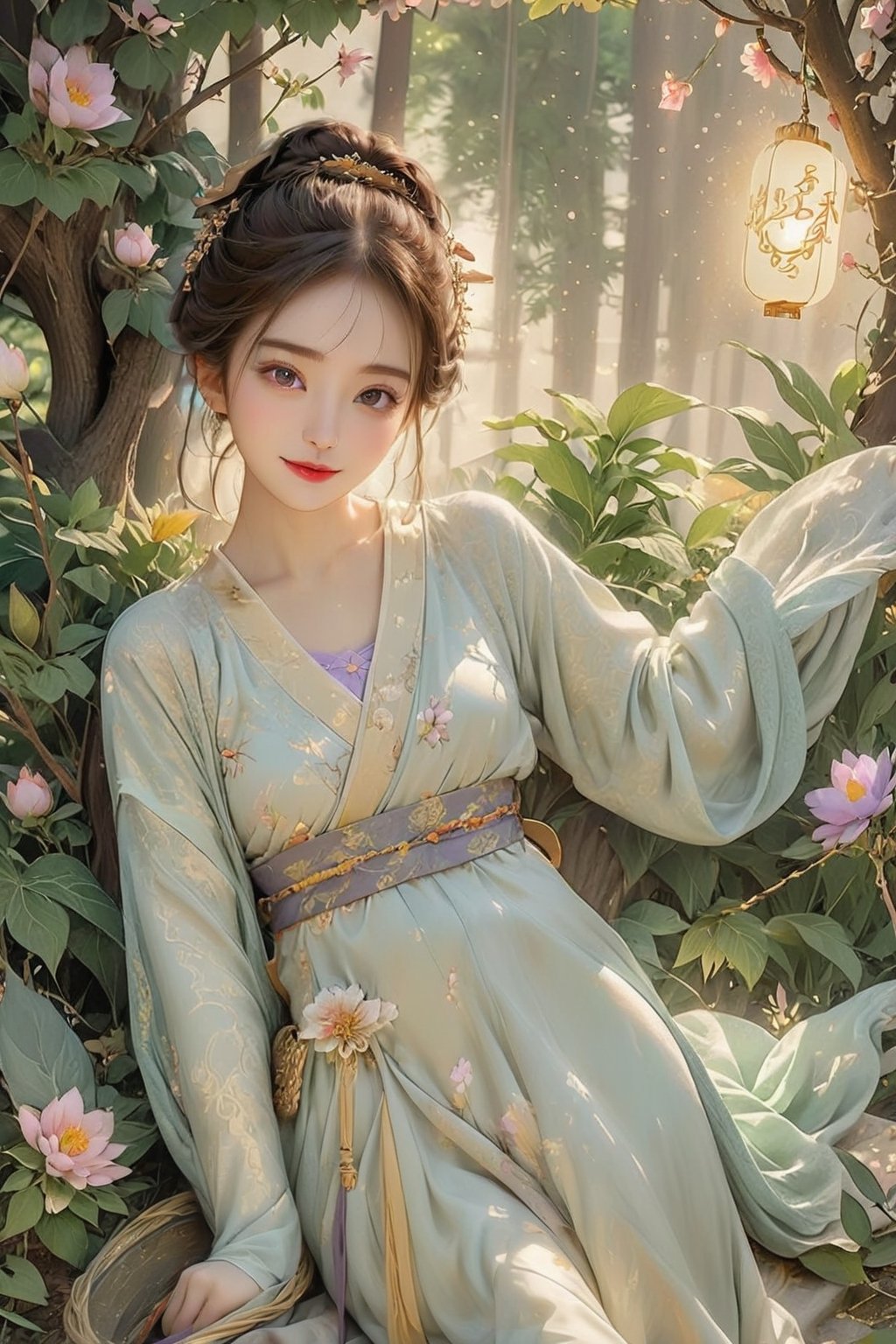 Beautiful 1girl, ((12 years old)), (masterpiece, top quality, best quality, official art, beautiful and aesthetic:1.2), (holding cute fox), funny pose, (seat on the swing :1.5), outside, With many animals, (executoner), extreme detailedw, colorful, highest detailed ((ultra-detailed)), (highly detailed CG illustration), ((an extremely delicate and beautiful)), cinematic light, niji style, Chinese house style, in the morning light, maple tree bloom, sunray through the leaves, beautiful eyes, ((light brown eyes)), perfect face, smiling happily, 32k ultra high definition, Pixar movie scene style, realistic high quality Portrait photography, eternal beauty, the lantern behind her emits a soft light, beautiful and dreamy, the flowers are in bloom, and the light bokeh serves as the background, (bronze eyes:1.4), ((purple and yellow hues)), hanfu