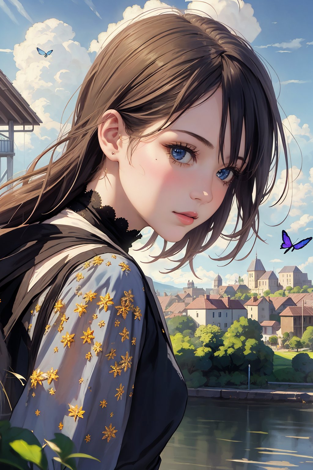 (1girl, adorable, perfect face :1.37), (best quality, masterpieces:1.3), (beautiful and aesthetic:1.2), colorful, dynamic angle, (Realistic:1.4), illustration, (high quality:1.3), (ultra detailed, ultra highres), 32K, (Beautifully Detailed Face and Fingers), (Five Fingers) Each Hand, sharp focus, professional dslr photo, photoreal, stunning light, volumetric fx, ray tracing, (((intricate detailed))), extremely detailed CG, (ultra detailed, ultra highres), (masterpiece, top quality, best quality, official art :1.4), (high quality:1.3), cinematic, wide shot, (muted colors, dim colors), A whimsical cityscape under a bright blue sky with fluffy clouds and butterflies. The city features traditional wooden buildings and a fantastical structure that combines a castle, a pagoda, and a (Ferris wheel :1.3). The colors are vibrant and detailed. 4k, (hyper realism, soft light, dramatic light, sharp, HDR), perfect image, vivid color, (official art, extreme detailed, highest detailed), more detailed,colorful sky,add detail, gold_art,