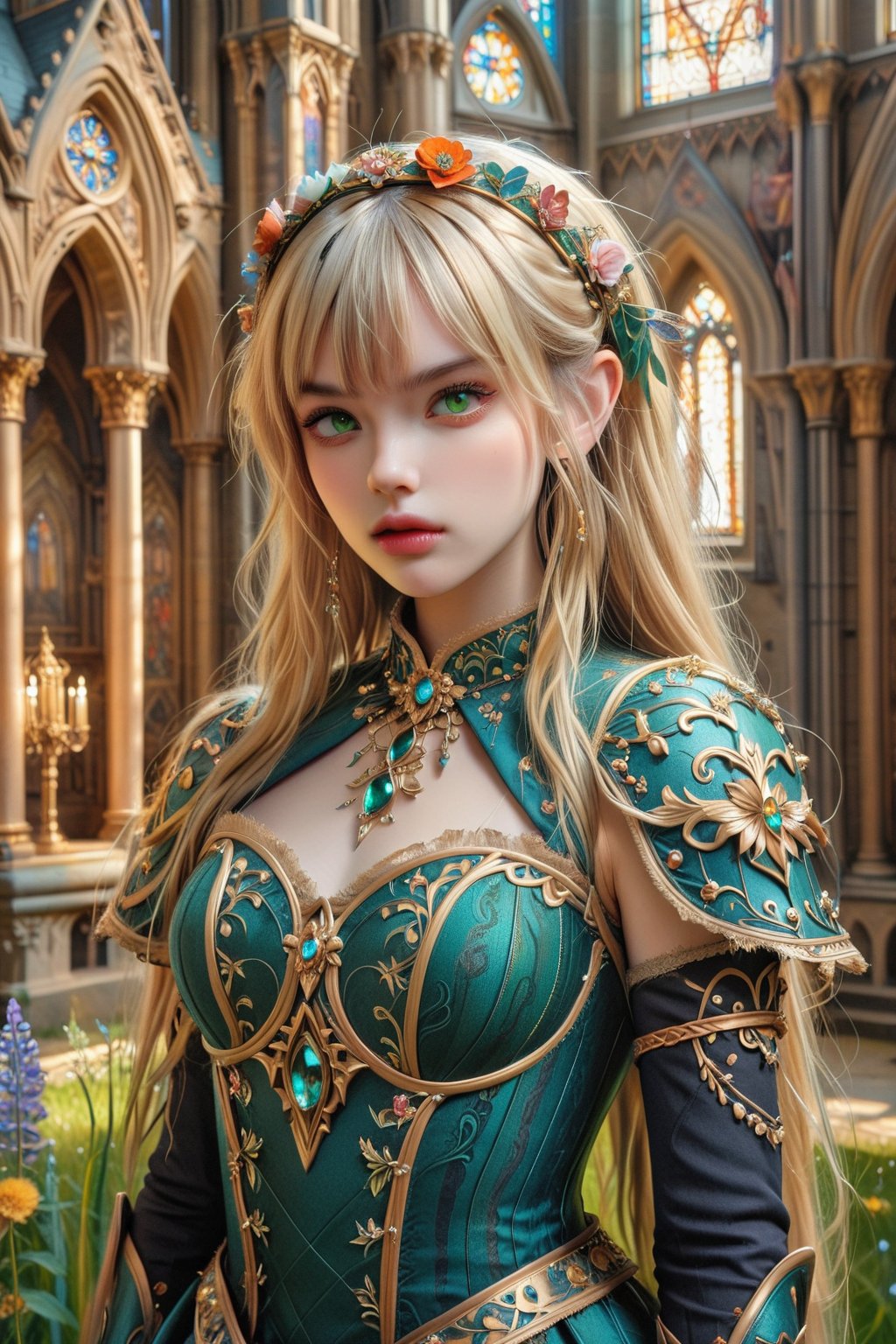 masterpiece, official art, ((ultra detailed)), (ultra quality), high quality, perfect face, 1 girl with long hair, blond-green hair with bangs, bronze eyes, detailed face, wearing a fancy ornate (((folk dress))), shoulder armor, armor, glove, hairband, hair accessories, striped, holding the great weapon, jewelery, thighhighs, pauldrons, side slit, capelet, vertical stripes, looking at viewer, fantastical and ethereal scenery, daytime, church, grass, flowers. Intricate details, extremely detailed, incredible details, full colored, complex details, hyper maximalist, detailed decoration, detailed lines, best quality, HDR, dynamic lighting, perfect anatomy, realistic, more detail,
,Architectural100,nsfw