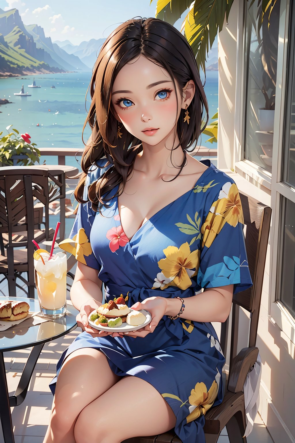 ultra detailed, (masterpiece, top quality, best quality, official art, perfect face:1.2), UHD, cinematic, (muted colors, dim colors), perfect face, perfect eyes, long-lenses photograph, realistic, 8K, 16K, with mountains and valleys, dynamic lighting, (1girl), in an outdoor restaurant overlooking the ocean, table has food and drinks, candles, vibrant colors, she is styling with a Hawaiian dress, detailed expressive eyes, bright mood lighting coconut tree, foliage, potted plants, treehouse, balcony, photorealistic, masterpiece, romance, Line art, ,Ground Mine Girl,GUQINGHAN,meidri