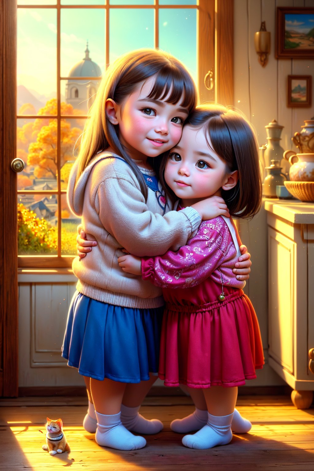 Whimsical folk art picture of a (little girl) and (cat) hugging each other.
,Perfect skin,
(masterpiece,more detail:1.1), (best quality:1.3), 
,photorealistic