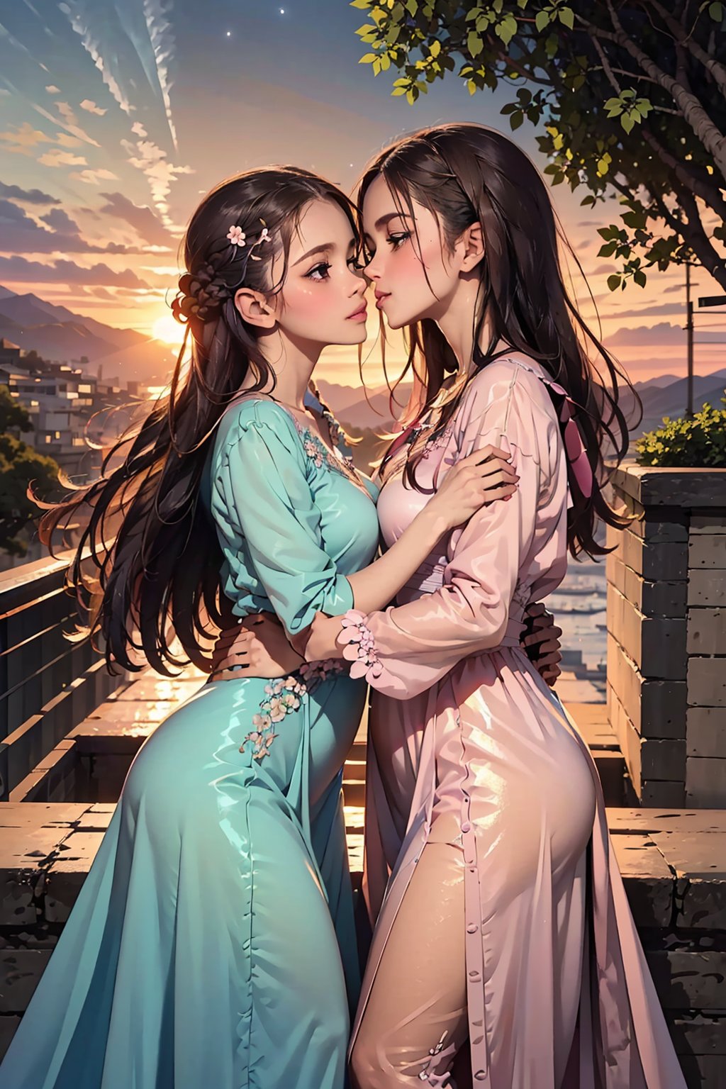 ultra detailed, (masterpiece, top quality, best quality, official art, perfect face:1.2), UHD, cinematic, (muted colors, dim colors), perfect face, perfect eyes, long-lenses photograph, realistic, 8K, 16K, with mountains and valleys, sun and the moon skimpy silhouettes romantically kissing in the sky that is both day wand night , heart, romance, ((flowers, light rose , Plumeria)), stunning light, wind is blowing, couple, colorful sunset, clouds, cloudy, coconut tree, foliage, potted plants, treehouse, balcony, (1girl shiny long hair, long dress:1.4), (1boy short hair style :1.4), photorealistic, masterpiece, couple, romance, (renaissance costume), (classic romance novels),Line art, ,Sakura,sciamano240,1boy