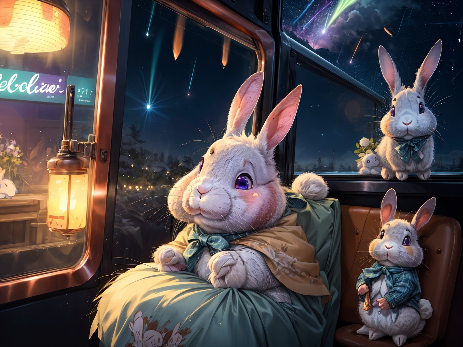 (Epic:1.4),  (A lot of rabbits:1.6),  Being on the train)),  traveling a long distance from the city,  waving goodbye,  saying goodbye,  hugging each other,  Many rabbits appeared from the train window. Waving a handkerchief,  Hands wipe away tears,  Smile with tears,  The atmosphere is full of emotions. (Meteor shower:1.4),  semi realistic hyper detailed,  awesome quality,  ultra-high res,  (photorealistic:1.4),  Masterpiece,  Concept Art,  perfect animal,  colorful wear,  bright light reflecting,  intricate details,  sharp focus,  natural lighting,  perfect shadow,  realistic,  16K,  UHD,  artstation,  pixiv,  CGI art,  extremely detailed cg,  quality,  gorgeous light and shadow,  highres,  (absurdres:1.2),  ultra high res,  high quality,  sparkling eyes,  stunning light,  gorgeous scenes,  ultra detailed,  brilliant color,  Illustrate,  starry sky Shining brightly It was a night so beautiful it was awe-inspiring,  celebrating,  in a wintery scene pink purple blue green northern lights,  trending on artstation,  kawaii,  sharp focus,  Photorealistic Images,  (extra wide shot:1.4),  dynamic lighting,  vivid colors,  texture detail,  particle effects,  storytelling elements,  narrative flair,  hyper (anime illustration:1.4),  character,  dynamic angle, no human, ((with text as "Good Bye 2023" , brush style , copper style )) 