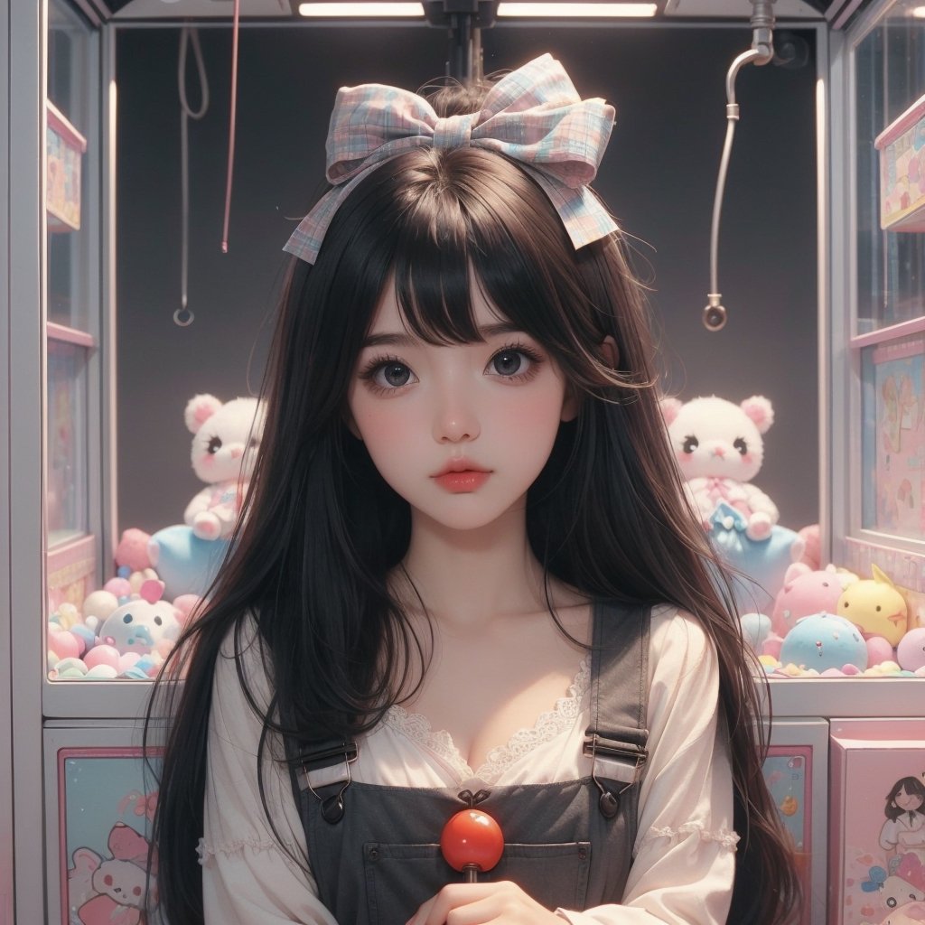 1girl, best quality, ultra-detailed, (((masterpiece))), (((best quality))), extremely detailed, ((claw machine)), ((claw is clamping a doll box up)), hand on bottom panel, control joystick and press button with hand, cleavage, big tits, ribbon, beige lace overalls, black updo longhair, shy, blush, petite figure proportion, claw machine, Glittering, cute and adorable, (perfect lighting, perfect shadow), dreamlike scenery,Realism, blending colors,vibrant hues, amazing photo, wearing dress pretty bow patterns, Chibi, 