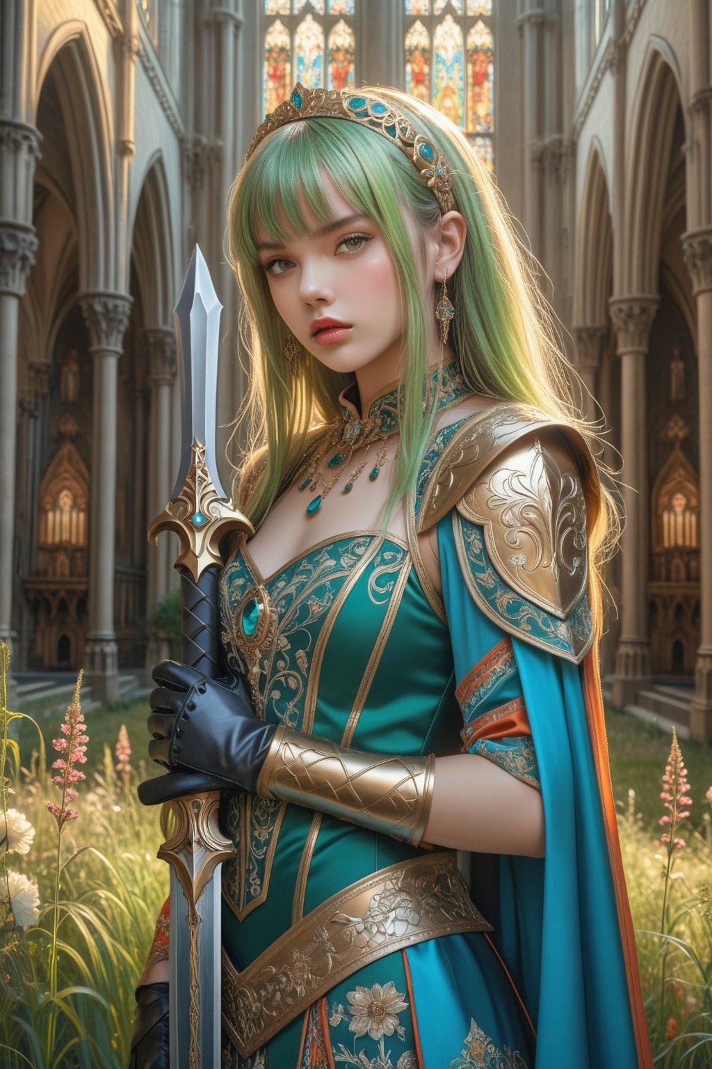 masterpiece, official art, ((ultra detailed)), (ultra quality), high quality, perfect face, 1 girl with long hair, blond-green hair with bangs, bronze eyes, detailed face, wearing a fancy ornate (((folk dress))), shoulder armor, armor, glove, hairband, hair accessories, striped, (holding the great weapon:1.37), jewelery, thighhighs, pauldrons, side slit, capelet, vertical stripes, looking at viewer, fantastical and ethereal scenery, daytime, church, grass, flowers. Intricate details, extremely detailed, incredible details, full colored, complex details, hyper maximalist, detailed decoration, detailed lines, best quality, HDR, dynamic lighting, perfect anatomy, realistic, more detail,
,Architectural100,style